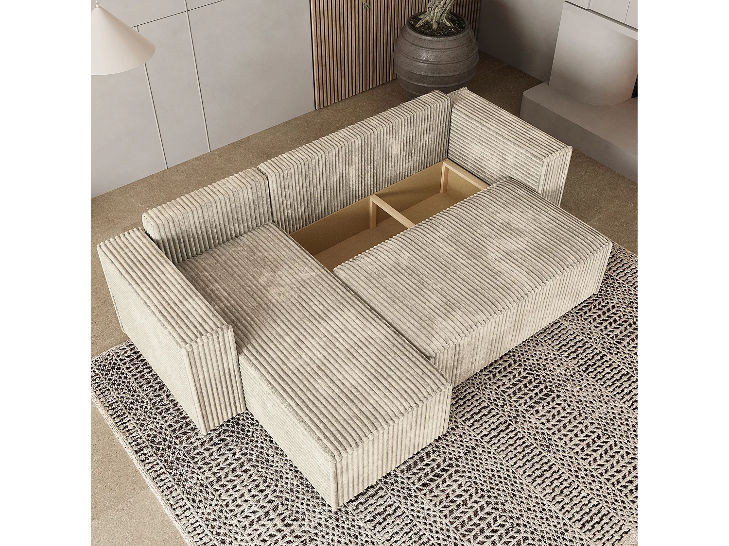 Hoekbank RAVELO van fluweel met slaapfunctie Creme