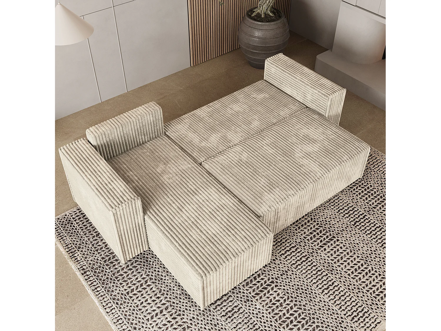 Hoekbank RAVELO van fluweel met slaapfunctie Creme