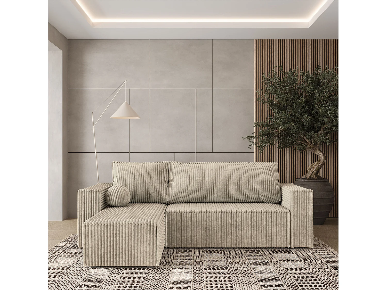 Hoekbank RAVELO van fluweel met slaapfunctie Creme