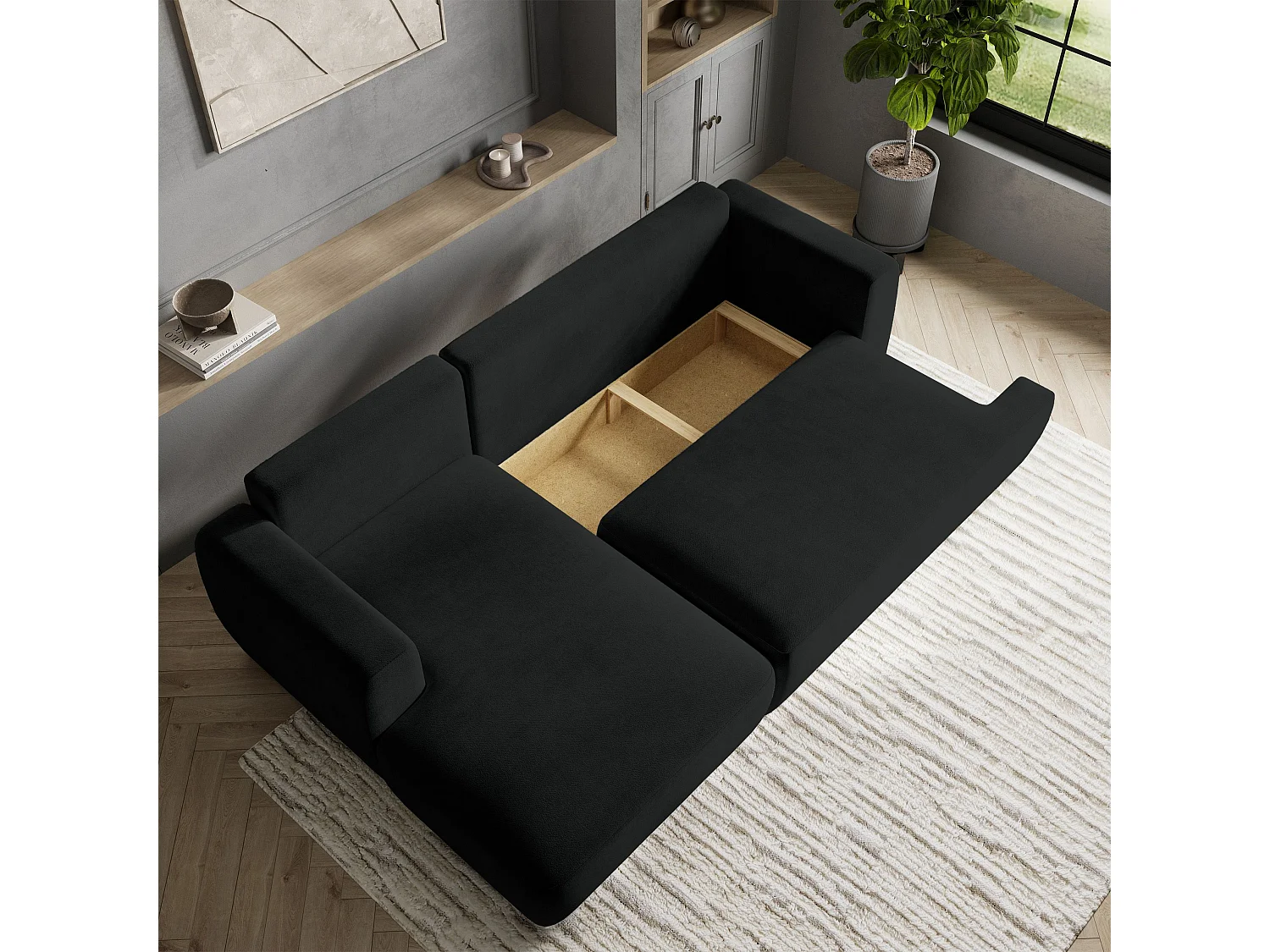 Canapé d'angle SENTI Noir en peluche avec fonction de couchage