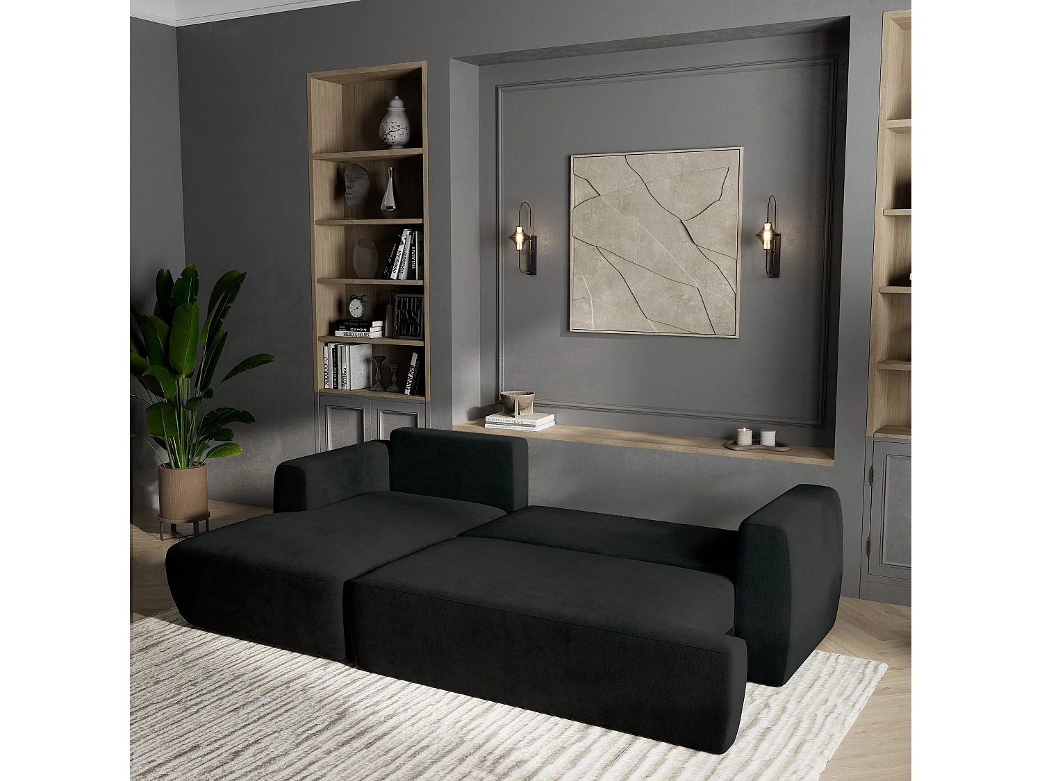 Canapé d'angle SENTI Noir en peluche avec fonction de couchage