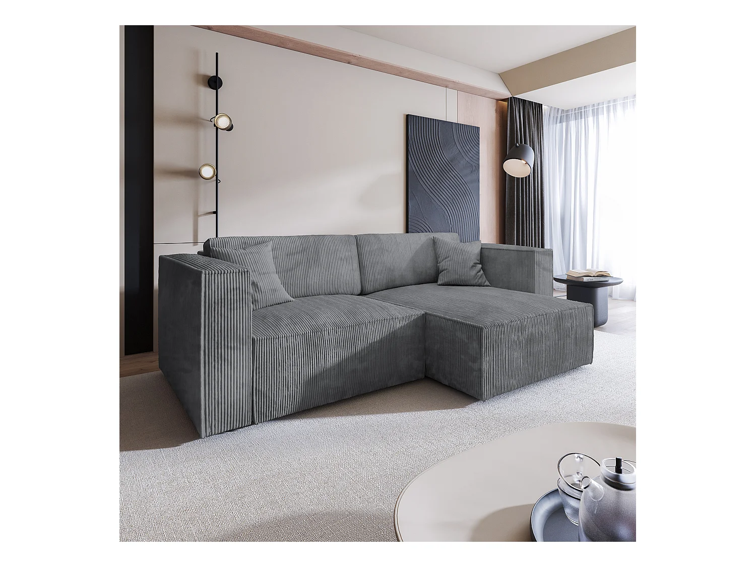 Canapé d'angle NERIO Gris en velours côtelé avec fonction de couchage