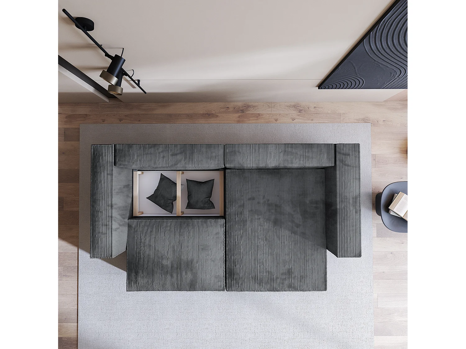 Canapé d'angle NERIO Gris en velours côtelé avec fonction de couchage