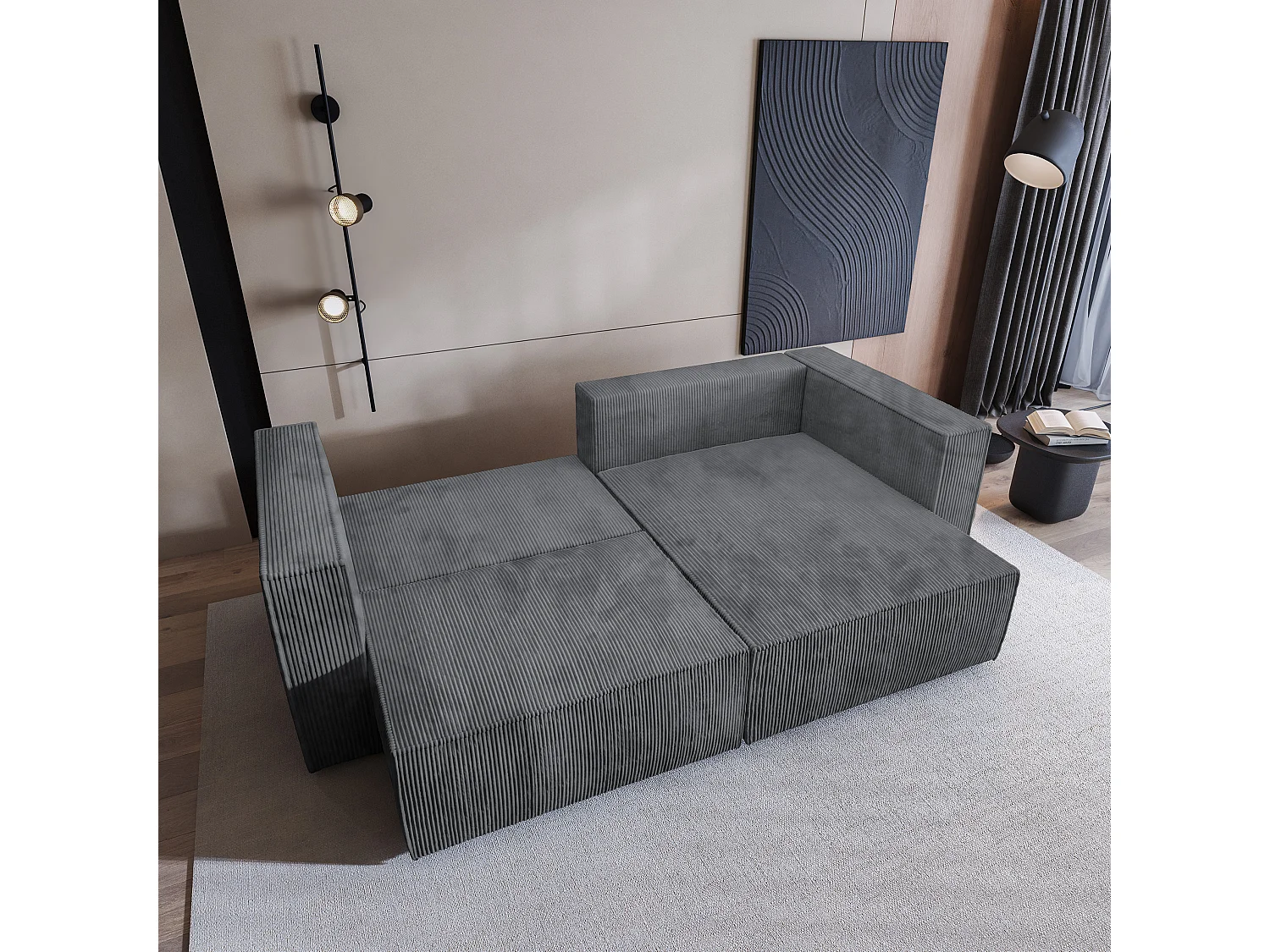 Canapé d'angle NERIO Gris en velours côtelé avec fonction de couchage