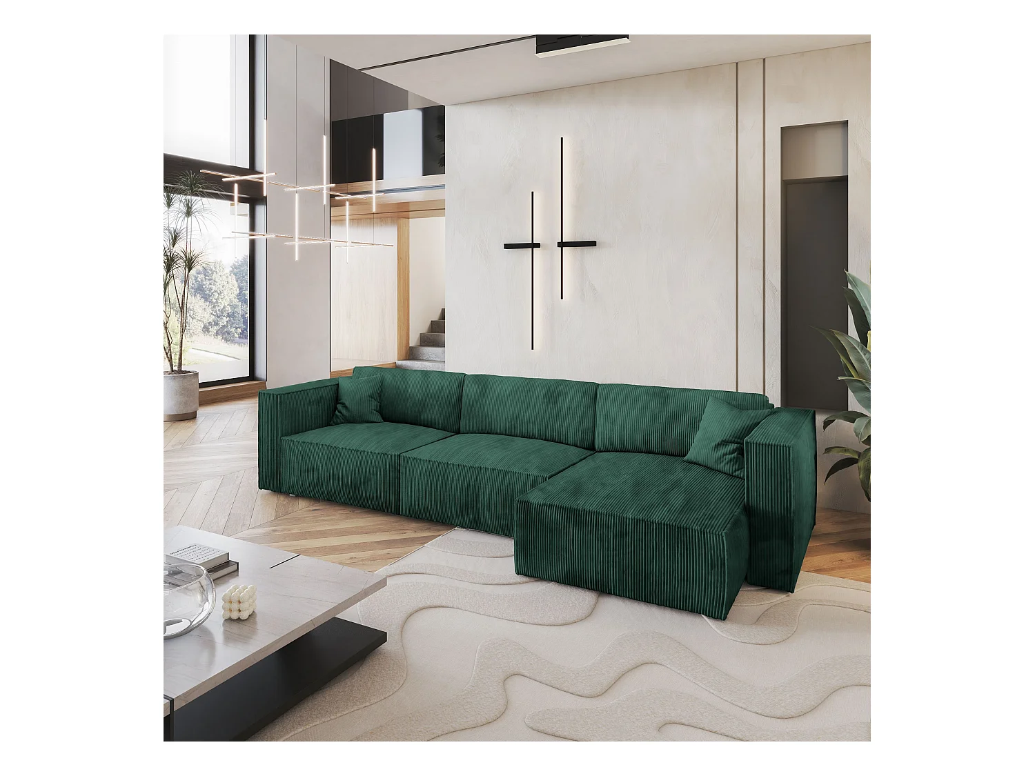 Canapé d'angle TOLMO Vert Sapin en velours côtelé avec fonction de couchage