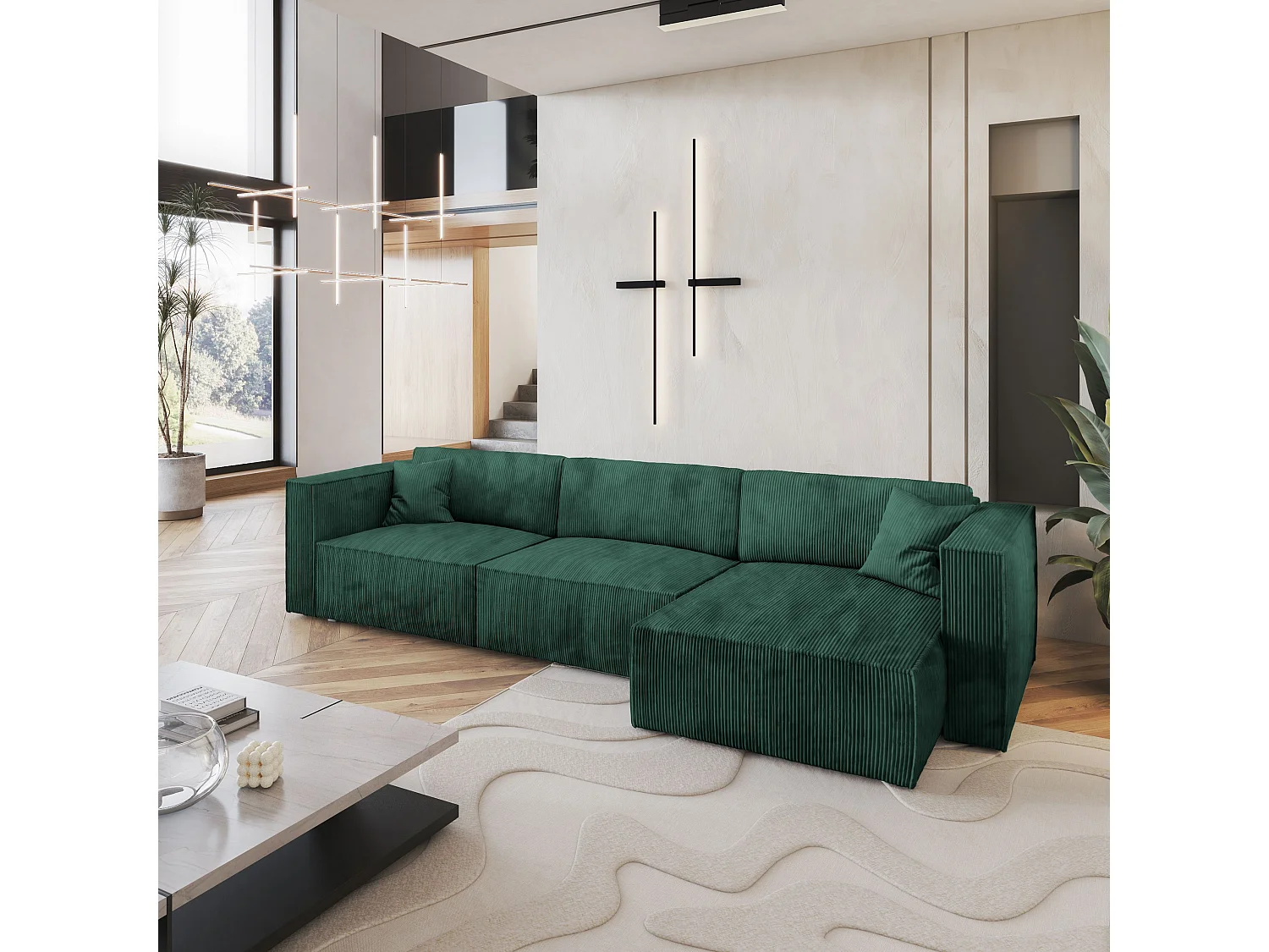 Canapé d'angle TOLMO Vert Sapin en velours côtelé avec fonction de couchage