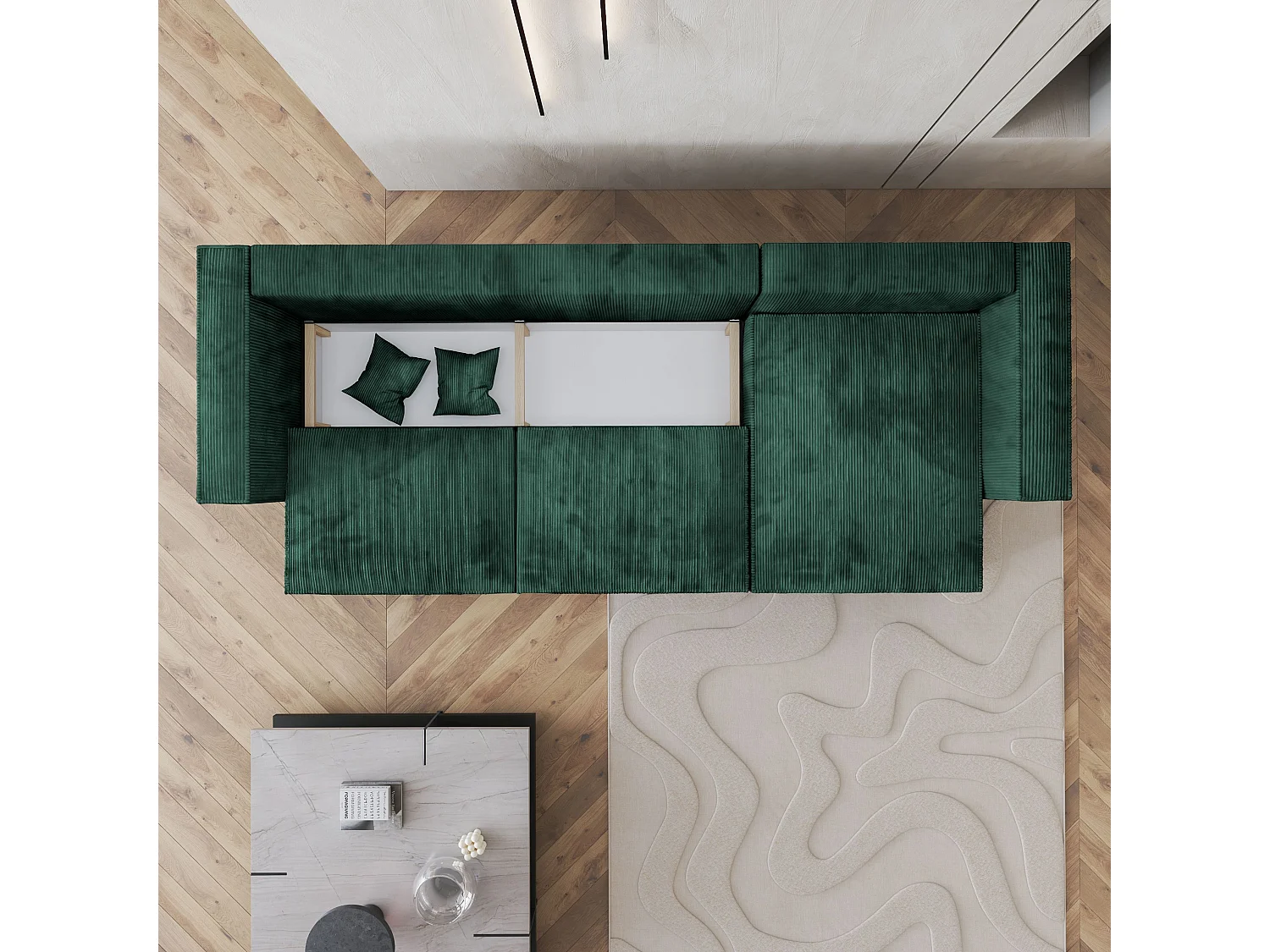 Canapé d'angle TOLMO Vert Sapin en velours côtelé avec fonction de couchage