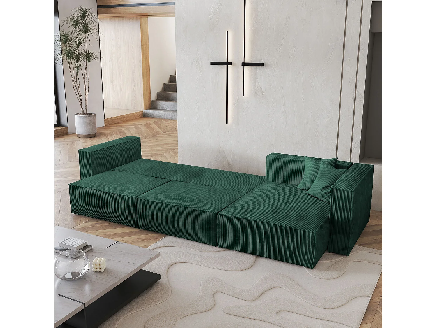 Canapé d'angle TOLMO Vert Sapin en velours côtelé avec fonction de couchage