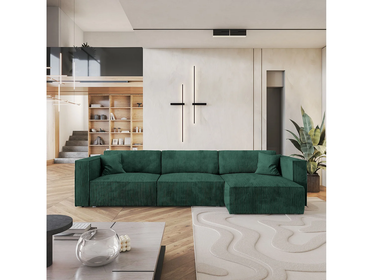 Canapé d'angle TOLMO Vert Sapin en velours côtelé avec fonction de couchage