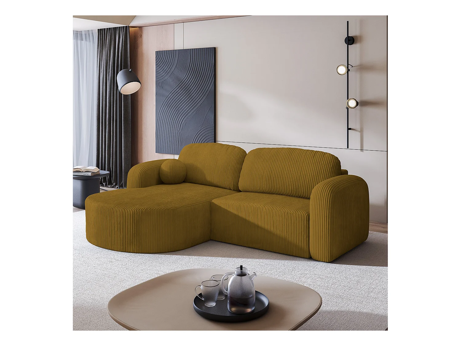 Canapé d'angle AMILIA Jaune en velours côtelé avec fonction de couchage