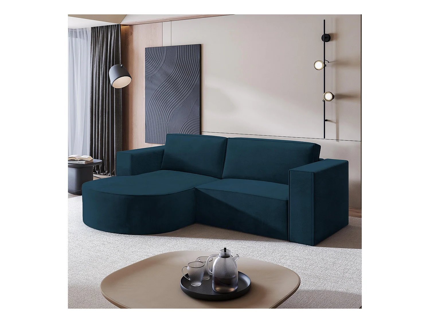 Canapé d'angle SORELA Bleu en velours avec fonction de couchage