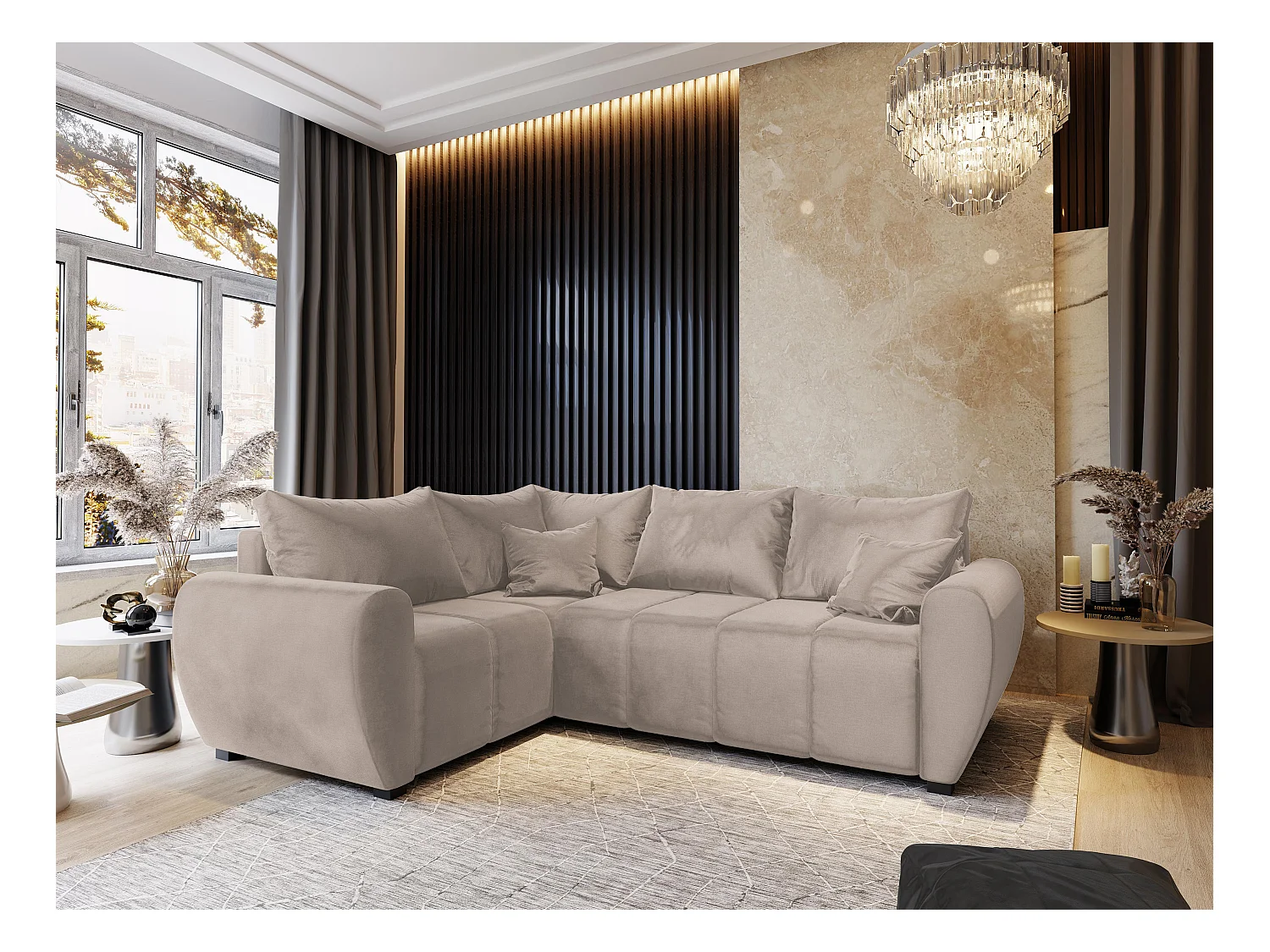 Canapé d'angle MADISON Beige en peluche avec fonction de couchage