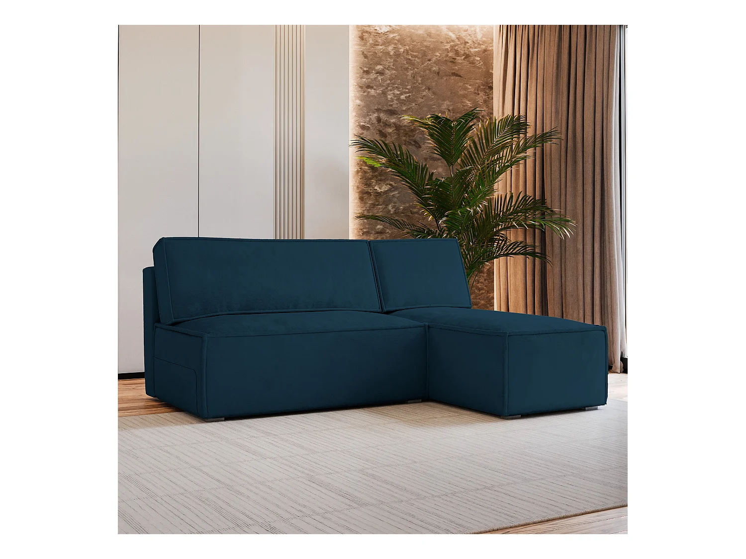 Canapé d'angle BRISO Bleu en velours avec fonction de couchage