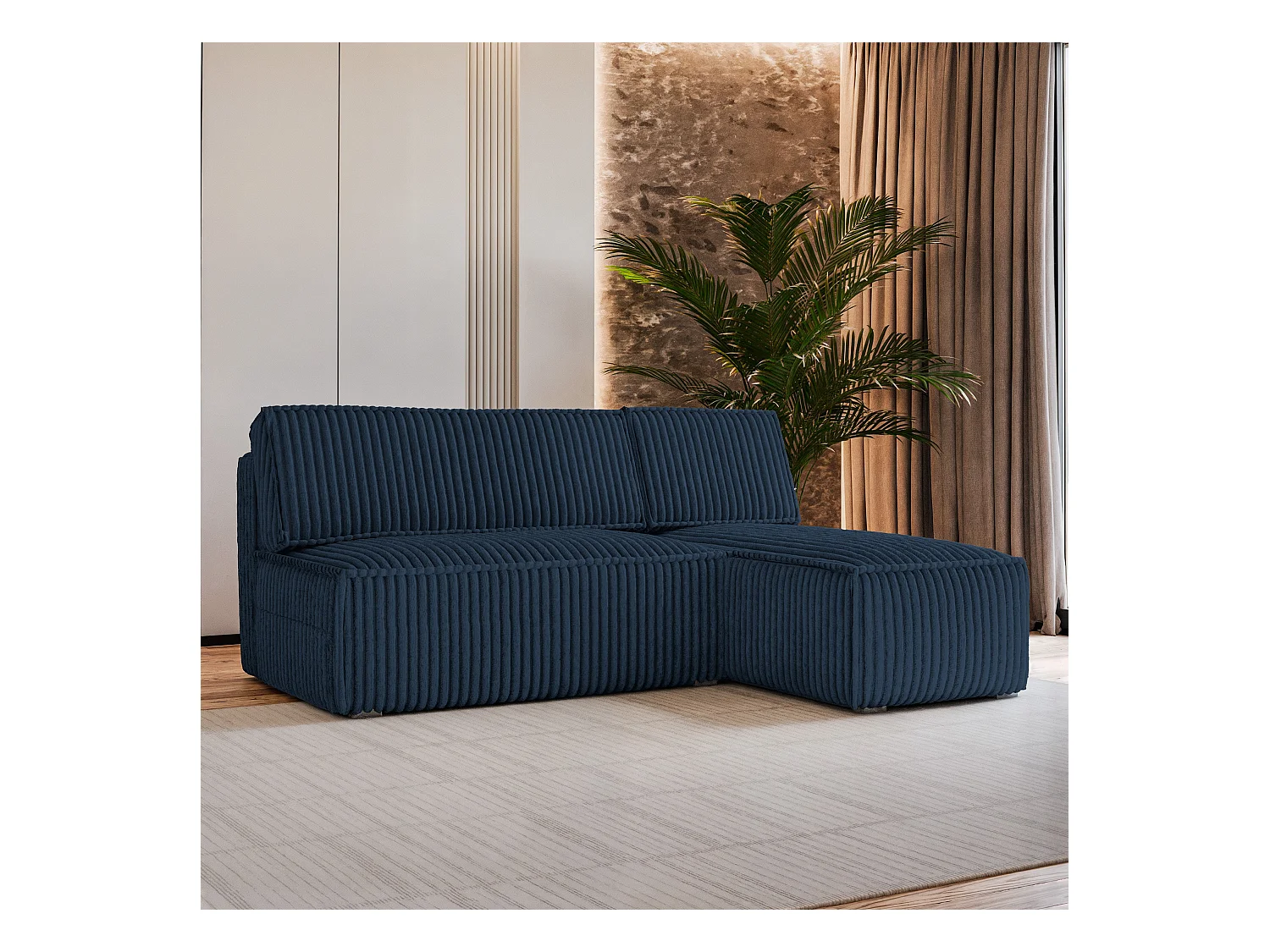 Canapé d'angle BRISO Bleu en velours côtelé avec fonction de couchage