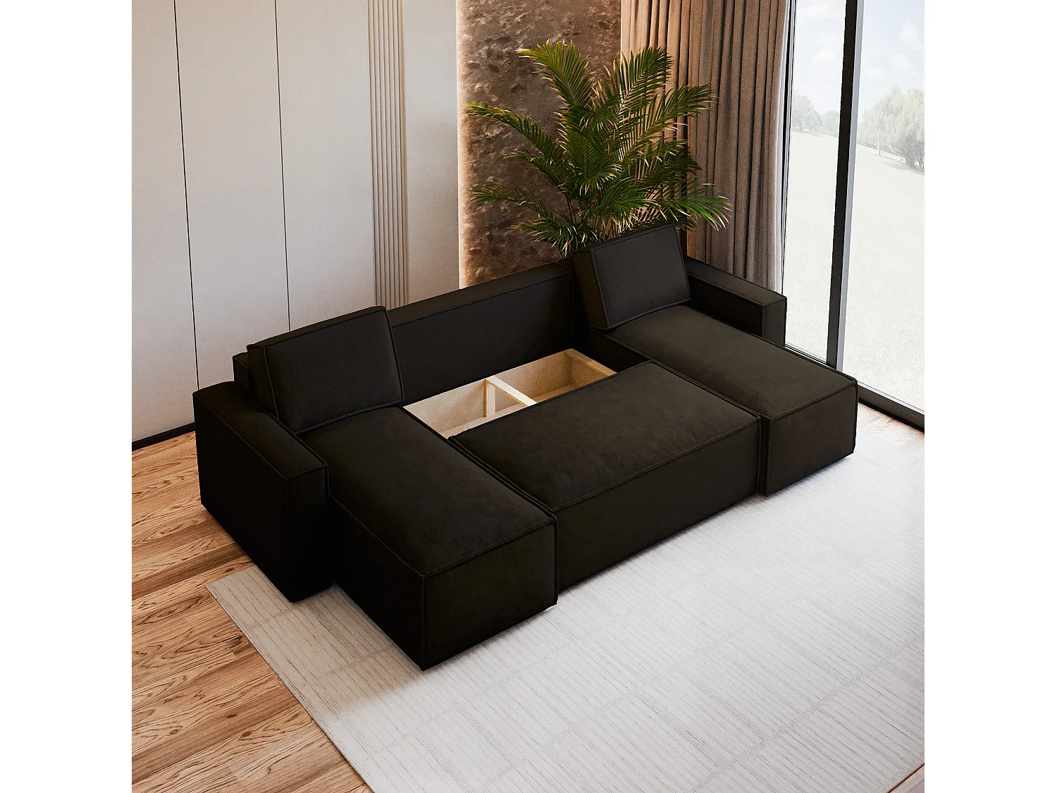 Canapé d'angle PESANO Marron en velours avec fonction de couchage