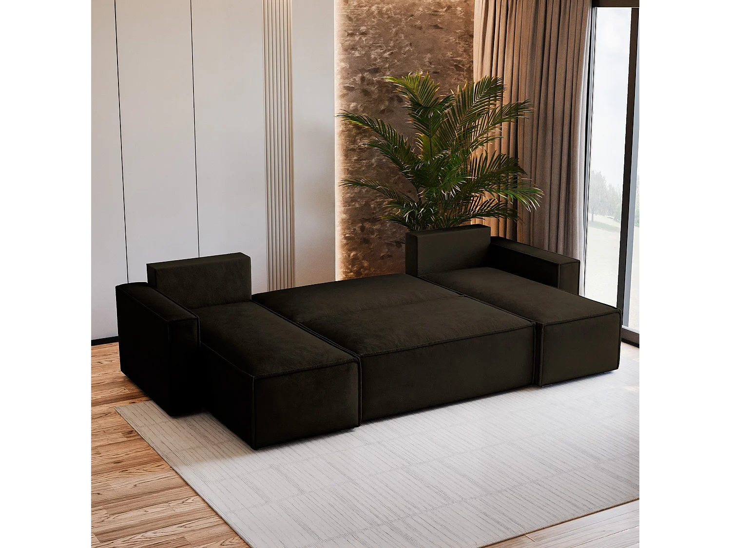 Canapé d'angle PESANO Marron en velours avec fonction de couchage