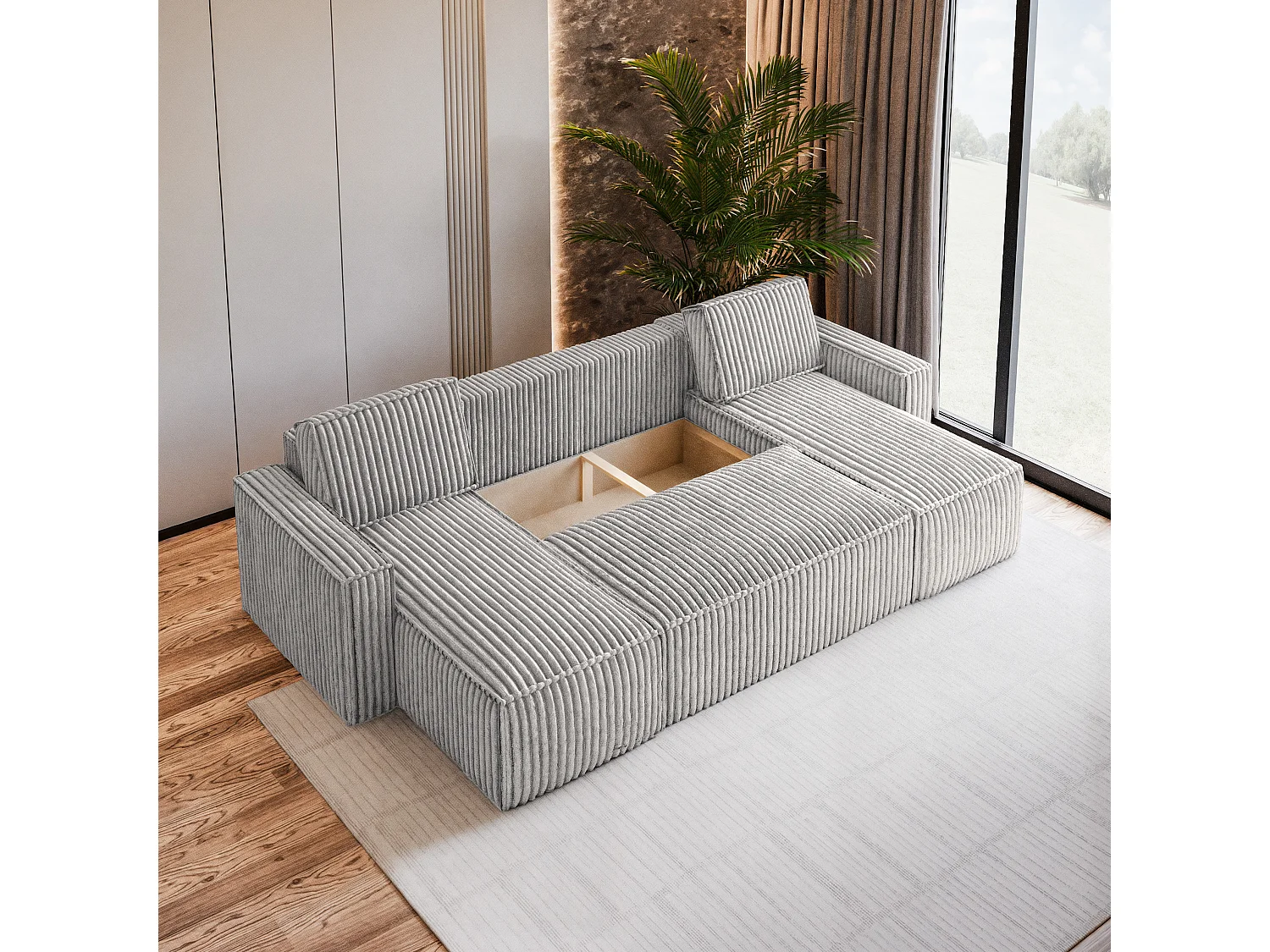 Canapé d'angle PESANO Gris clair en velours côtelé avec fonction de couchage