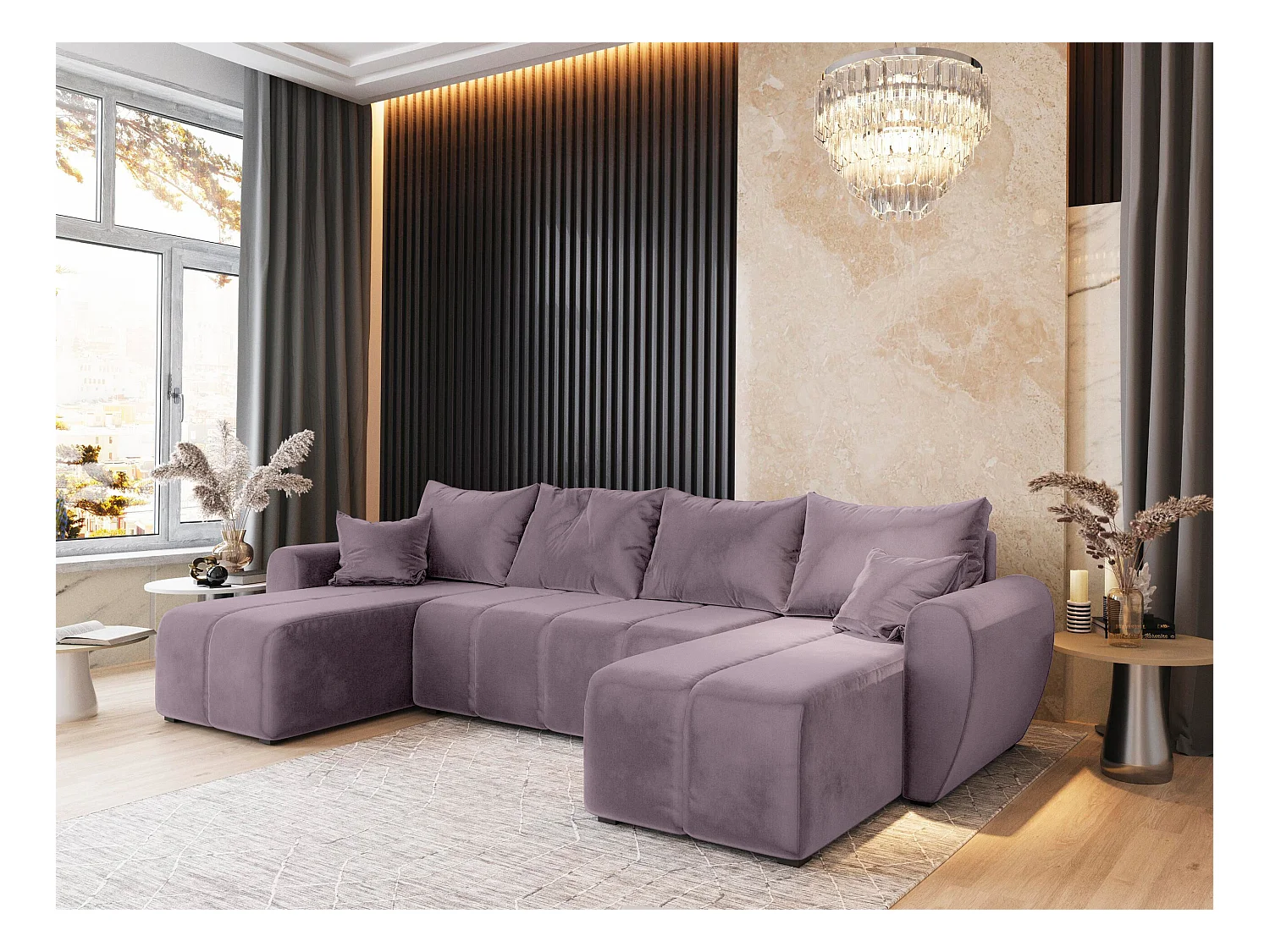 Canapé d'angle MADISON Rose poudré en peluche avec fonction de couchage