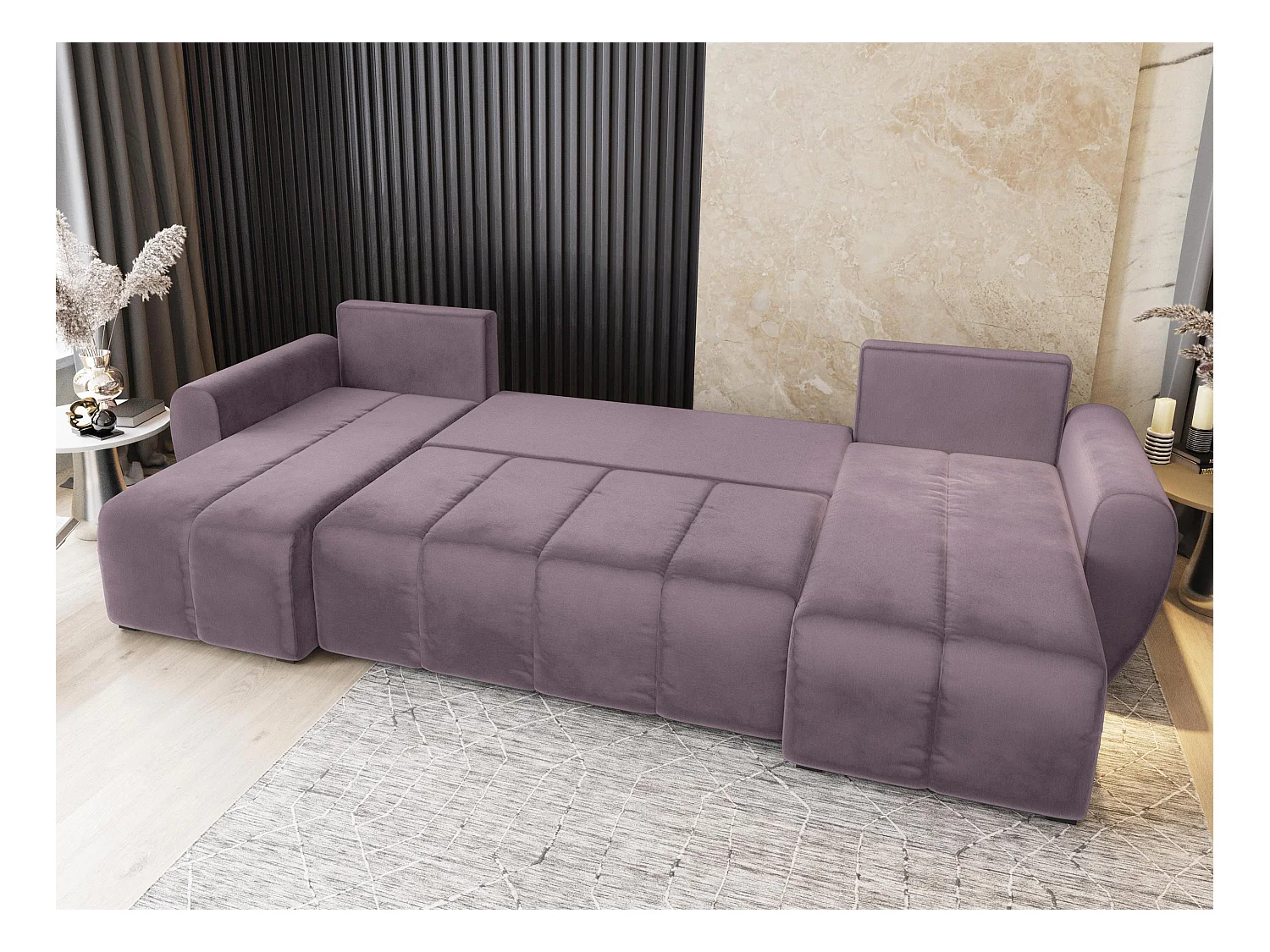 Canapé d'angle MADISON Rose poudré en peluche avec fonction de couchage