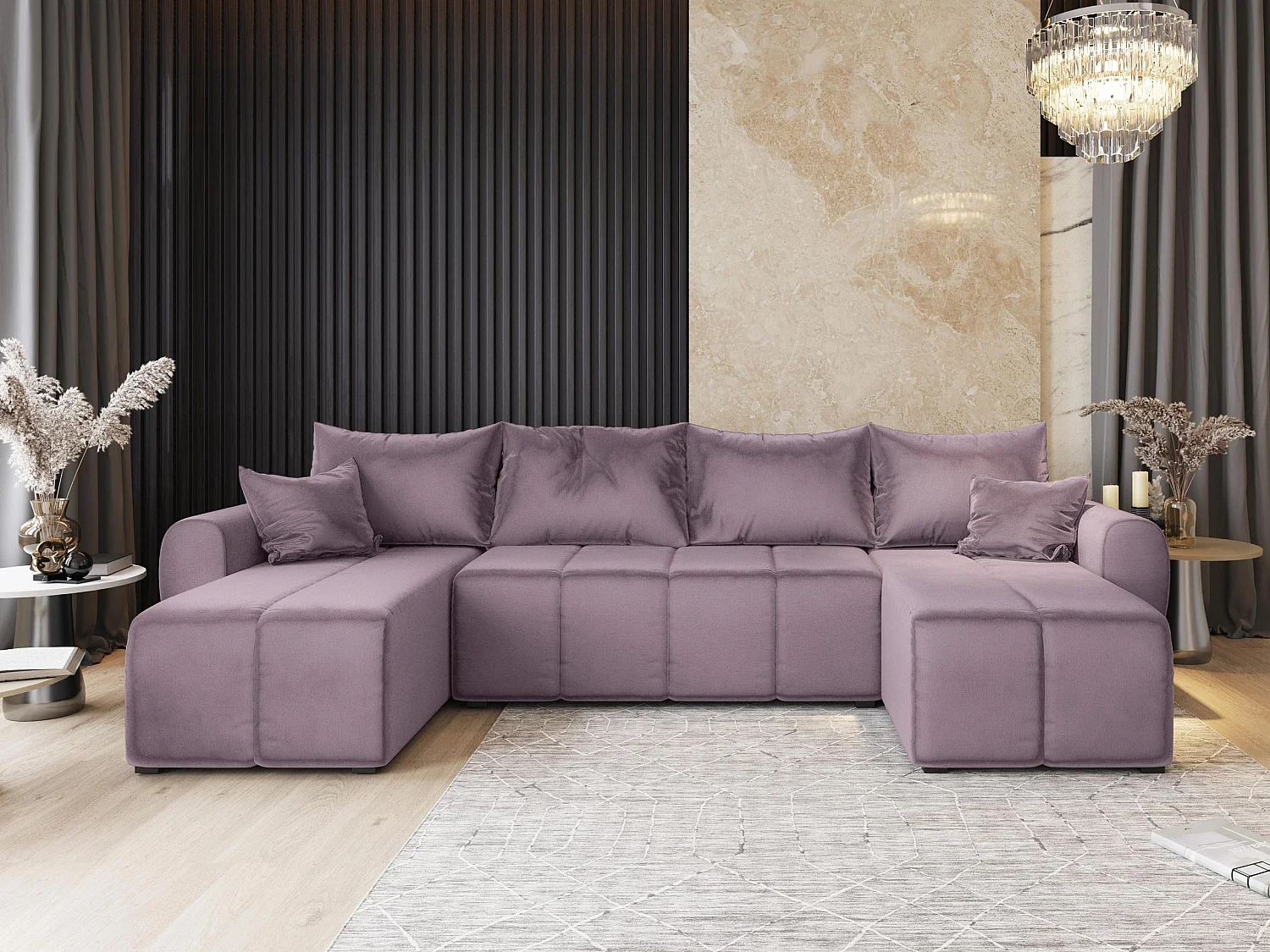 Canapé d'angle MADISON Rose poudré en peluche avec fonction de couchage