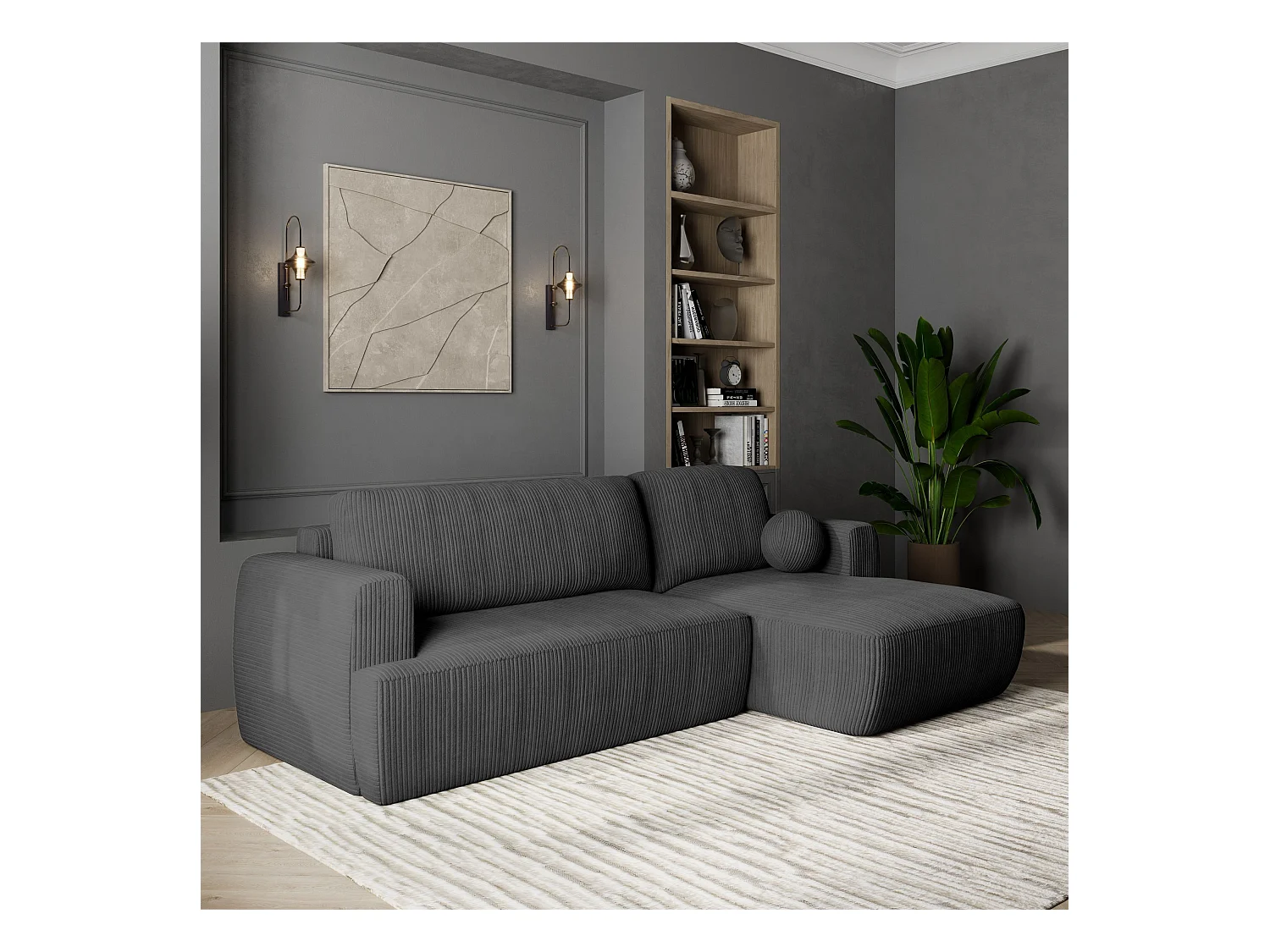Canapé d'angle SENTI Gris anthracite en velours côtelé avec fonction de couchage