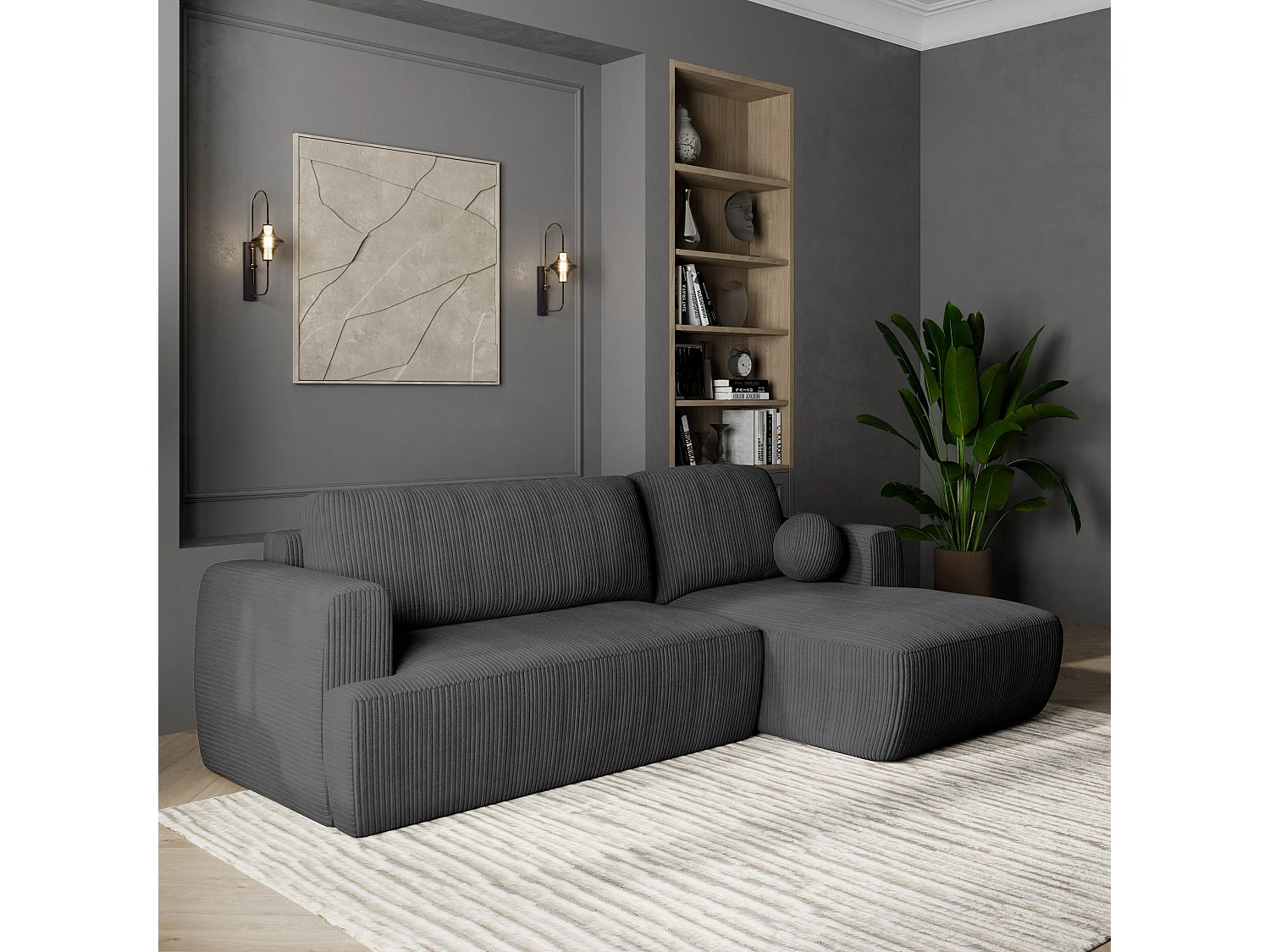 Canapé d'angle SENTI Gris anthracite en velours côtelé avec fonction de couchage