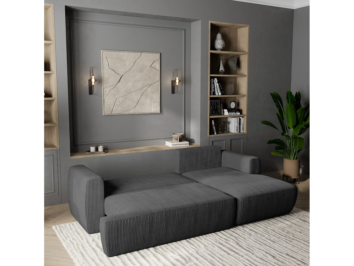 Canapé d'angle SENTI Gris anthracite en velours côtelé avec fonction de couchage
