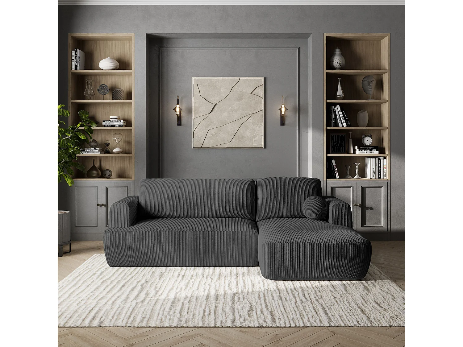 Canapé d'angle SENTI Gris anthracite en velours côtelé avec fonction de couchage