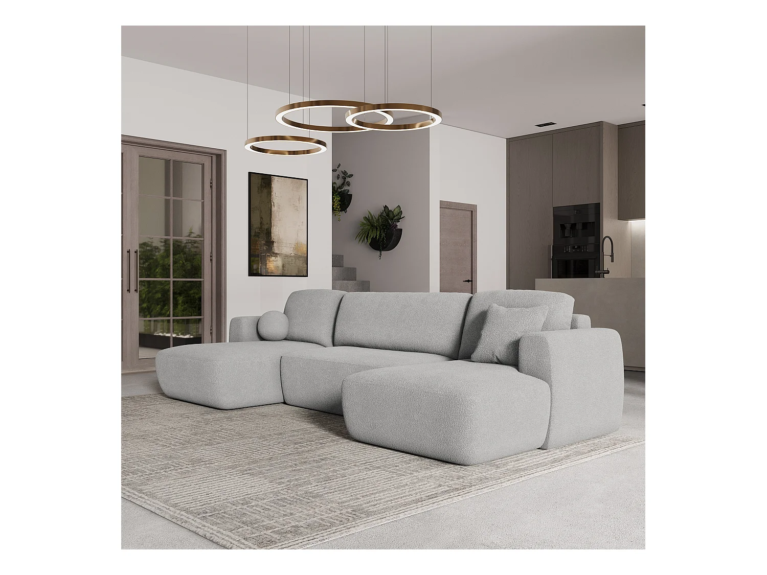 Canapé d'angle SENTUM Gris clair en bouclé avec fonction de couchage