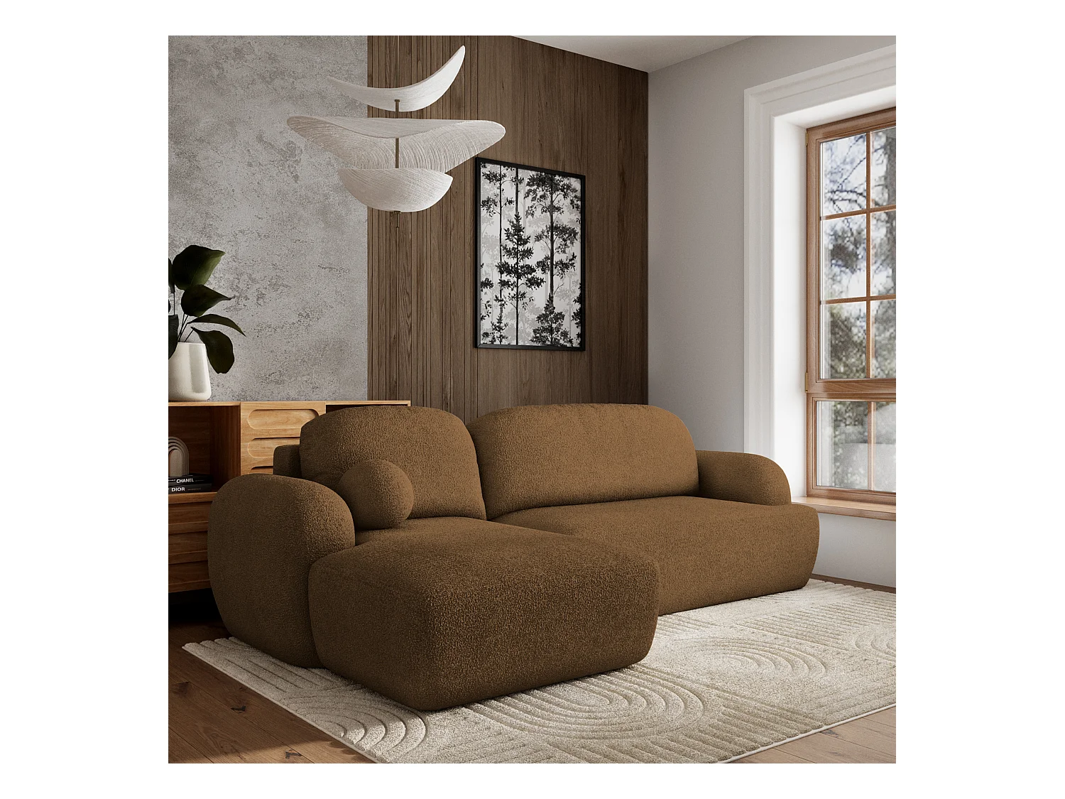 Canapé d'angle MODENZA Marron en bouclé avec fonction de couchage