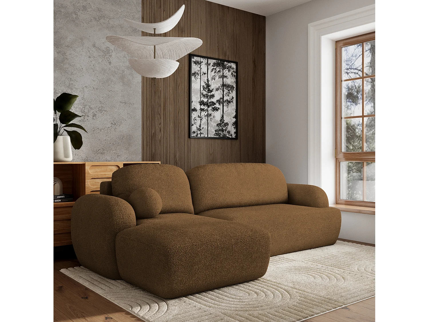 Canapé d'angle MODENZA Marron en bouclé avec fonction de couchage