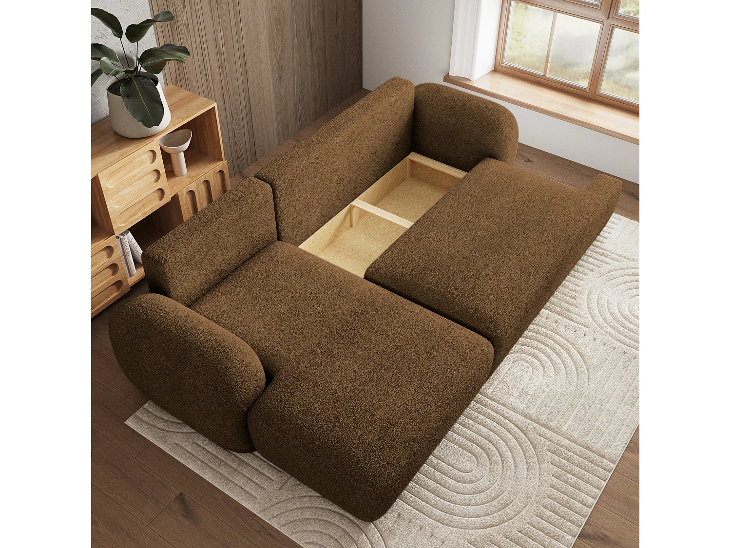 Canapé d'angle MODENZA Marron en bouclé avec fonction de couchage