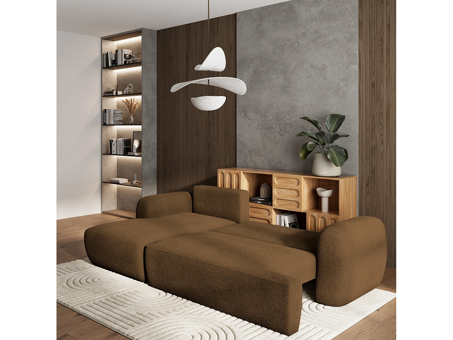 Canapé d'angle MODENZA Marron en bouclé avec fonction de couchage