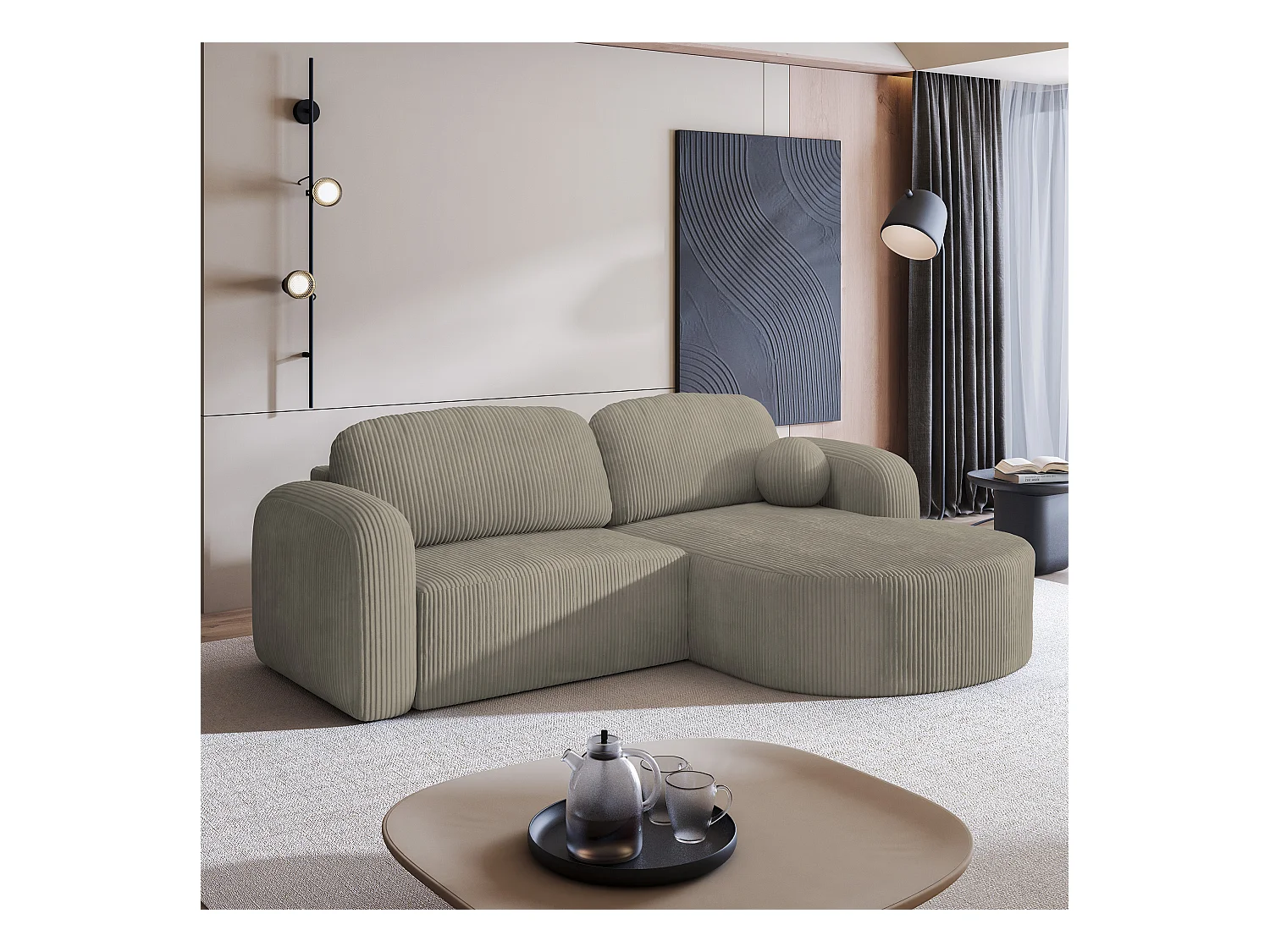 Canapé d'angle AMILIA Beige en velours côtelé avec fonction de couchage