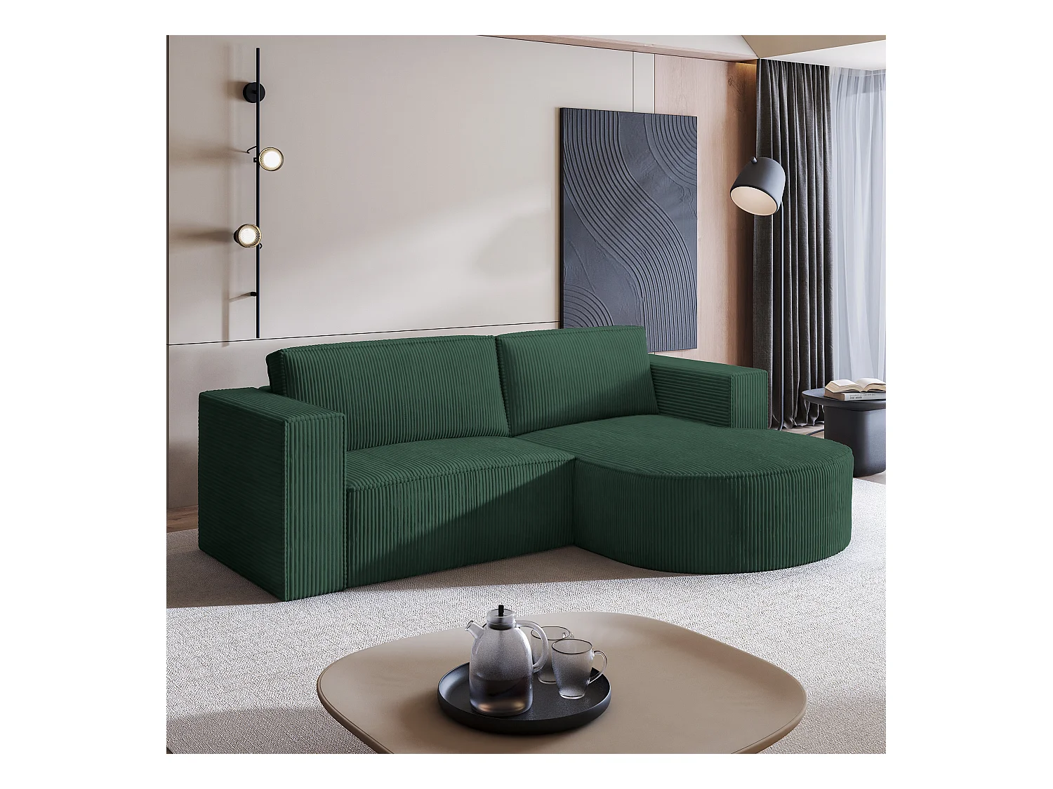 Canapé d'angle SORELA Vert en velours côtelé avec fonction de couchage