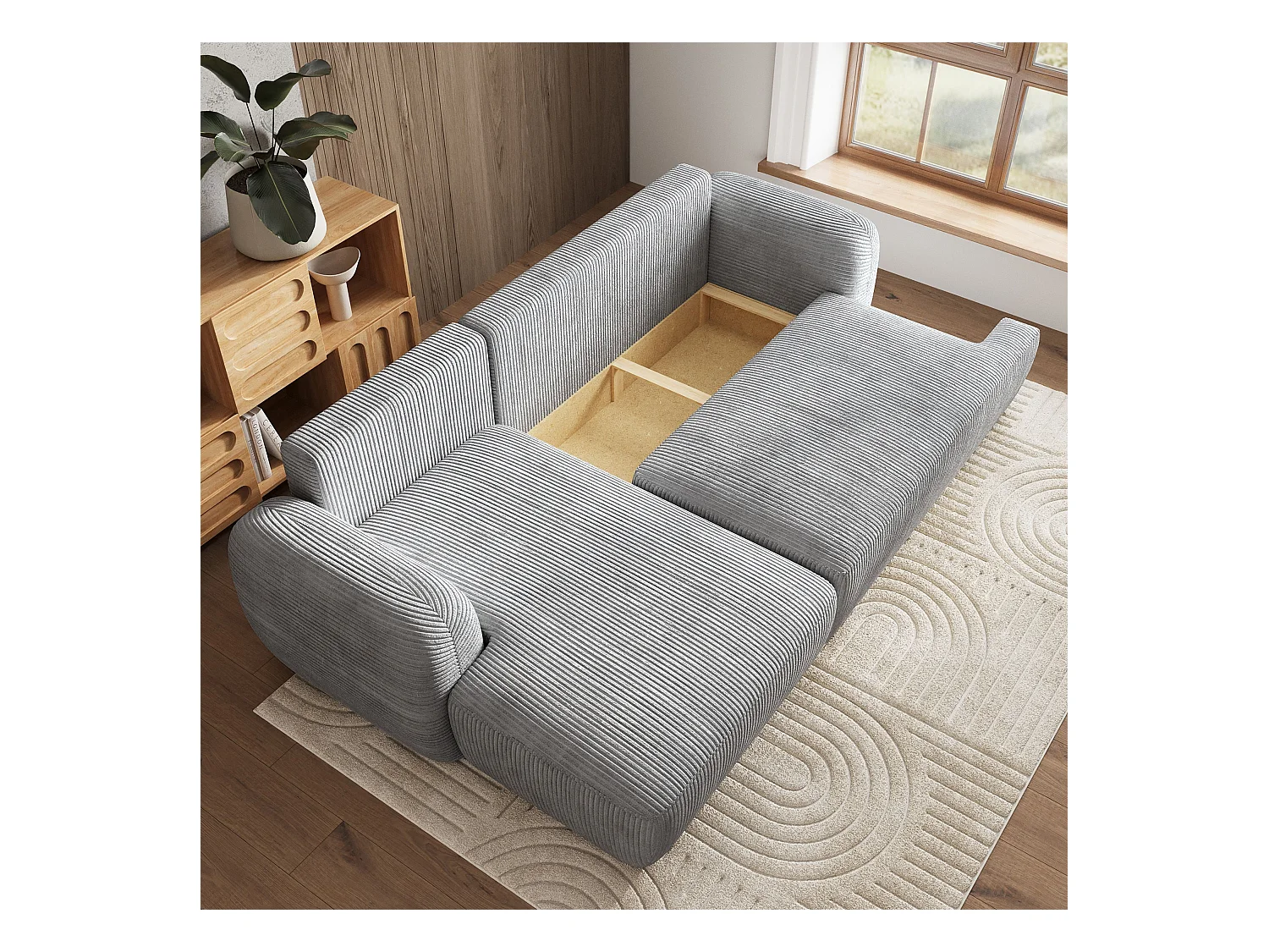 Canapé d'angle MODENZA Gris clair en velours côtelé avec fonction de couchage