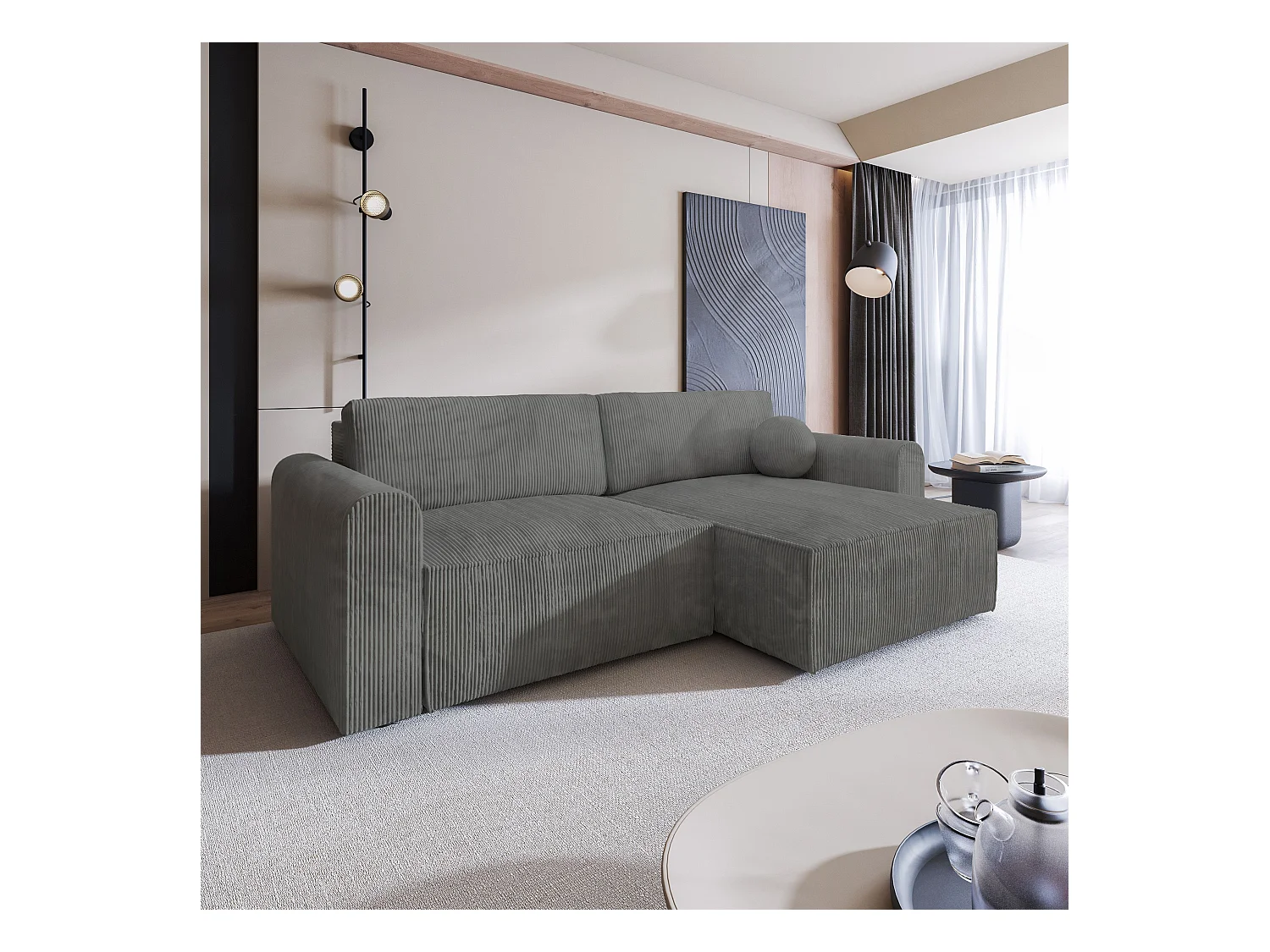 Canapé d'angle FIANO Gris en velours côtelé avec fonction de couchage
