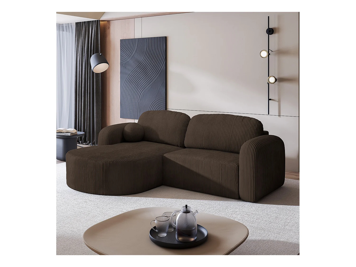 Canapé d'angle AMILIA Marron en velours côtelé avec fonction de couchage