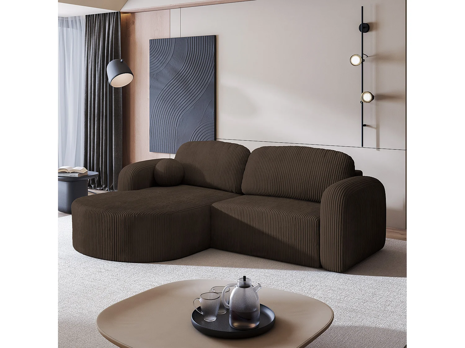 Canapé d'angle AMILIA Marron en velours côtelé avec fonction de couchage