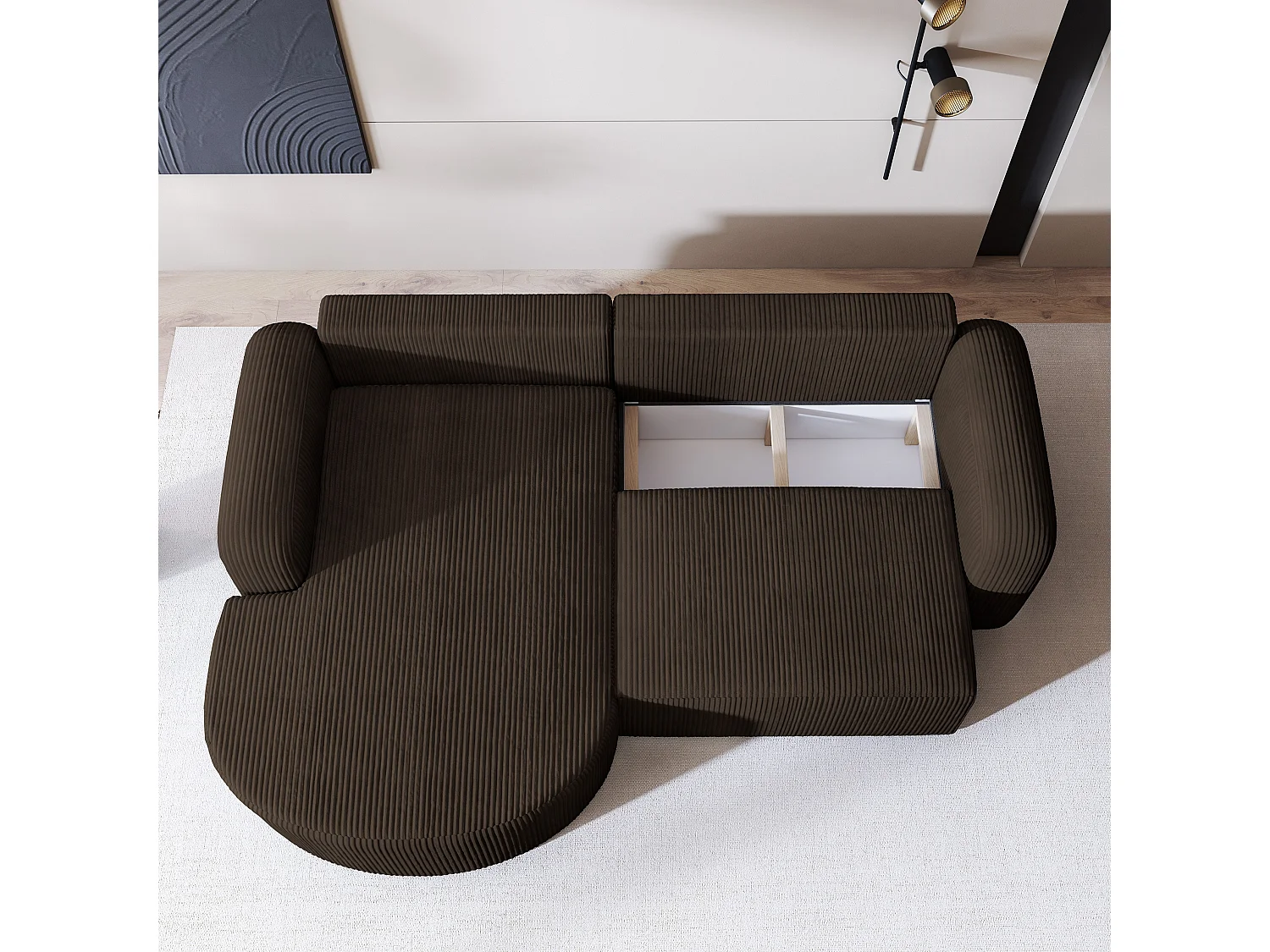 Canapé d'angle AMILIA Marron en velours côtelé avec fonction de couchage