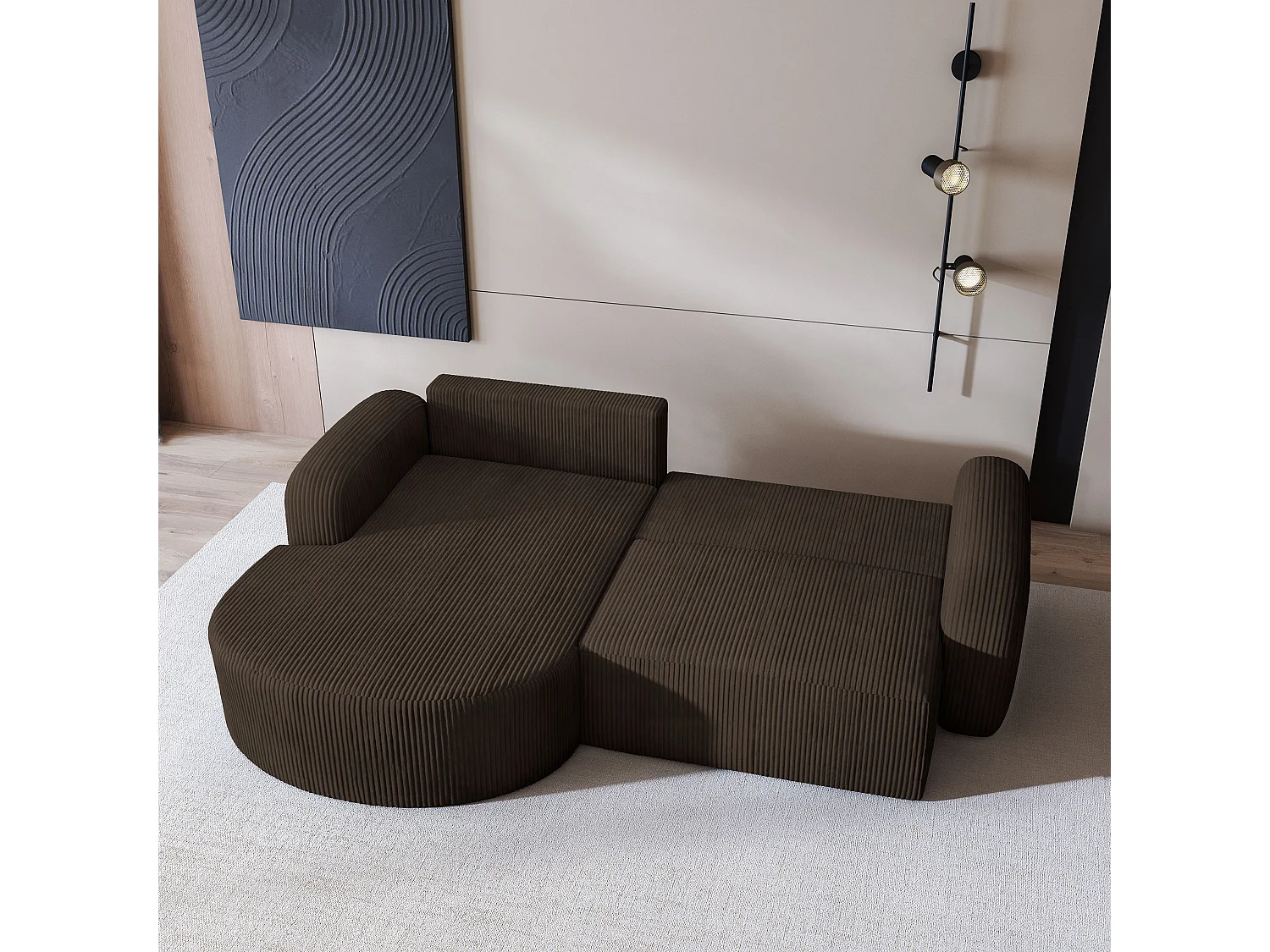 Canapé d'angle AMILIA Marron en velours côtelé avec fonction de couchage