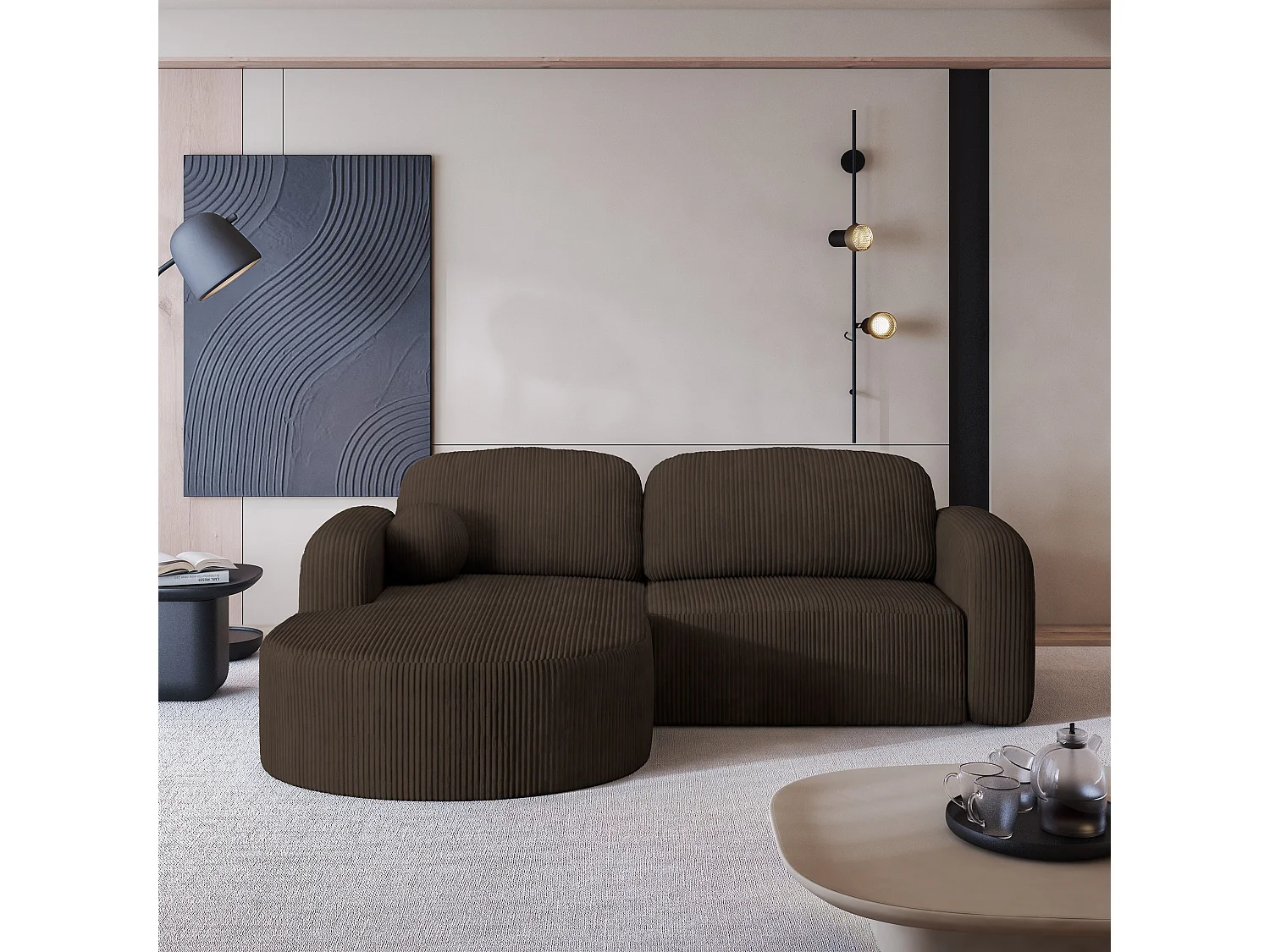 Canapé d'angle AMILIA Marron en velours côtelé avec fonction de couchage