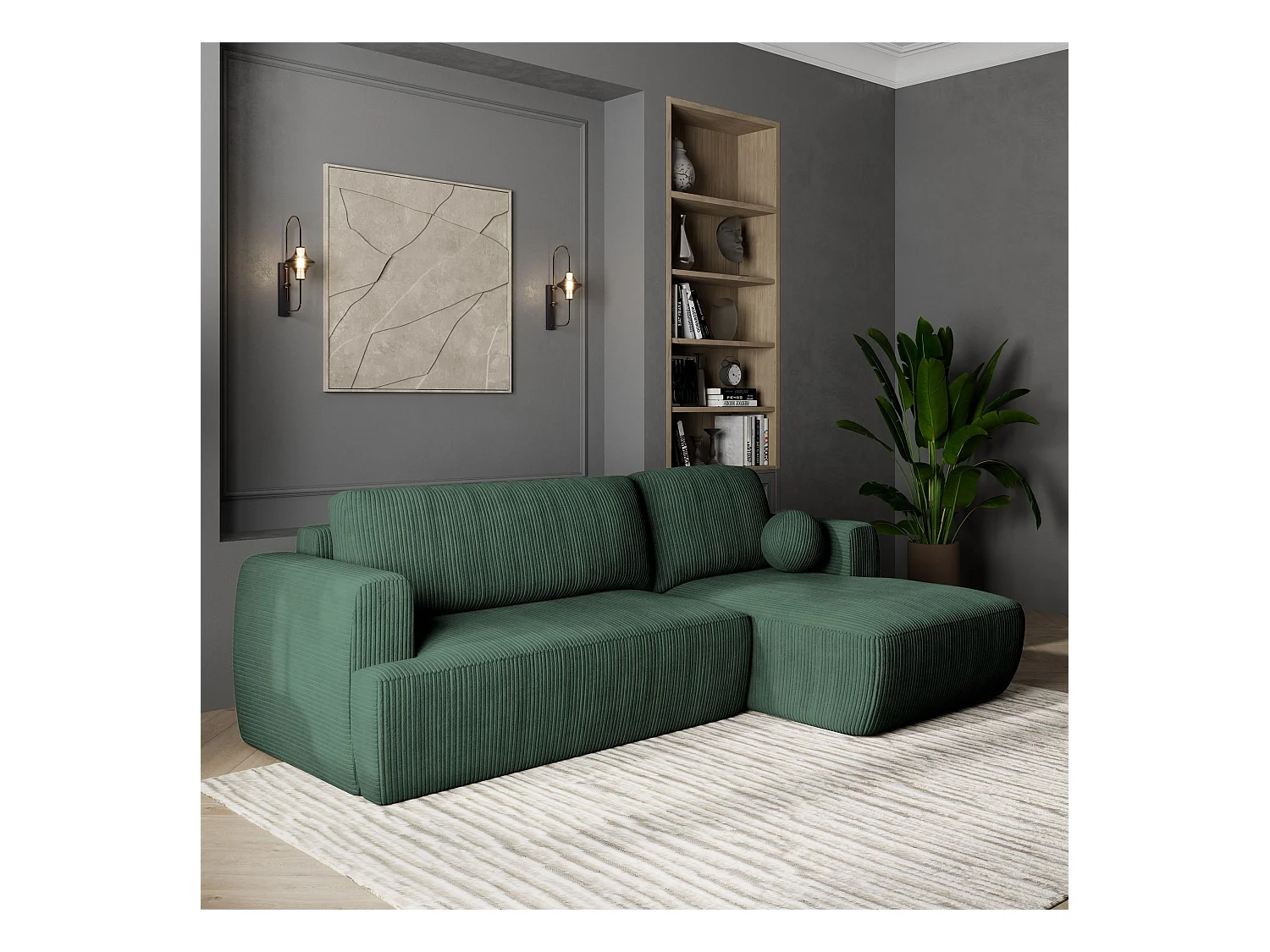 Canapé d'angle SENTI Vert en velours côtelé avec fonction de couchage