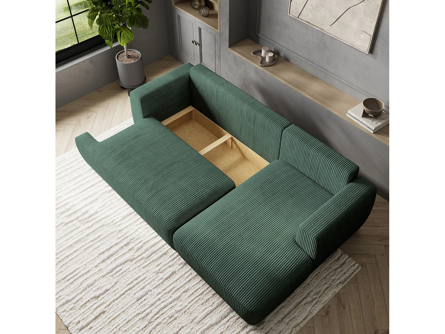 Canapé d'angle SENTI Vert en velours côtelé avec fonction de couchage