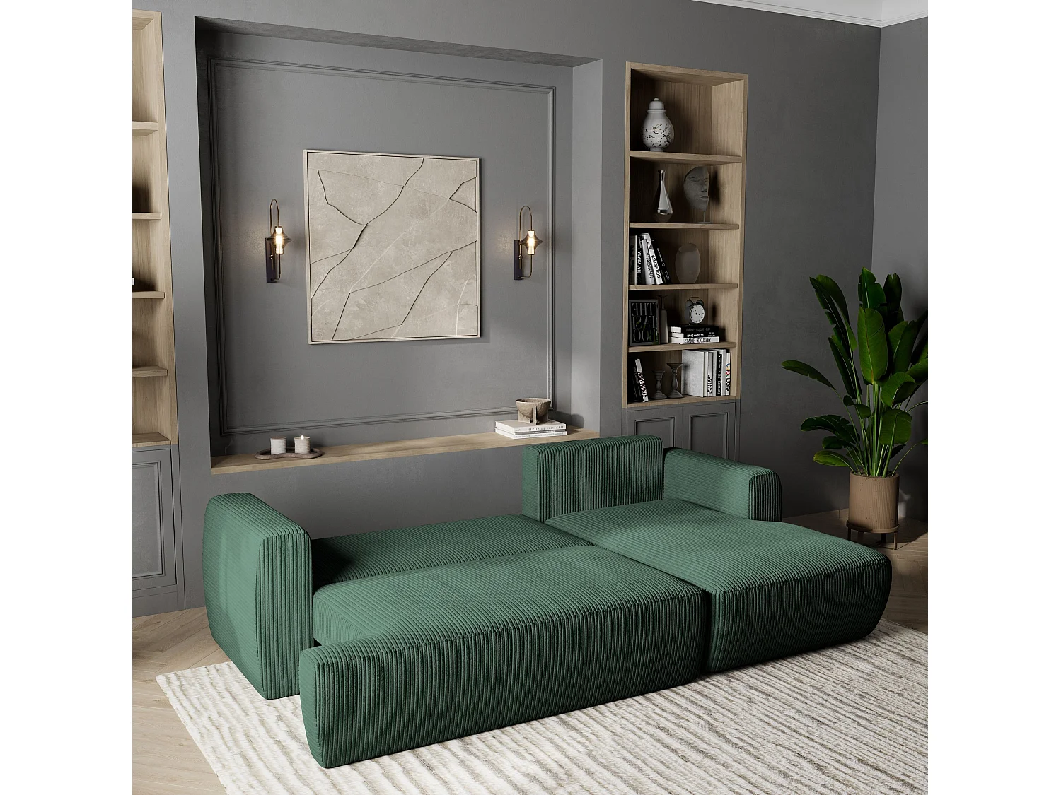 Canapé d'angle SENTI Vert en velours côtelé avec fonction de couchage