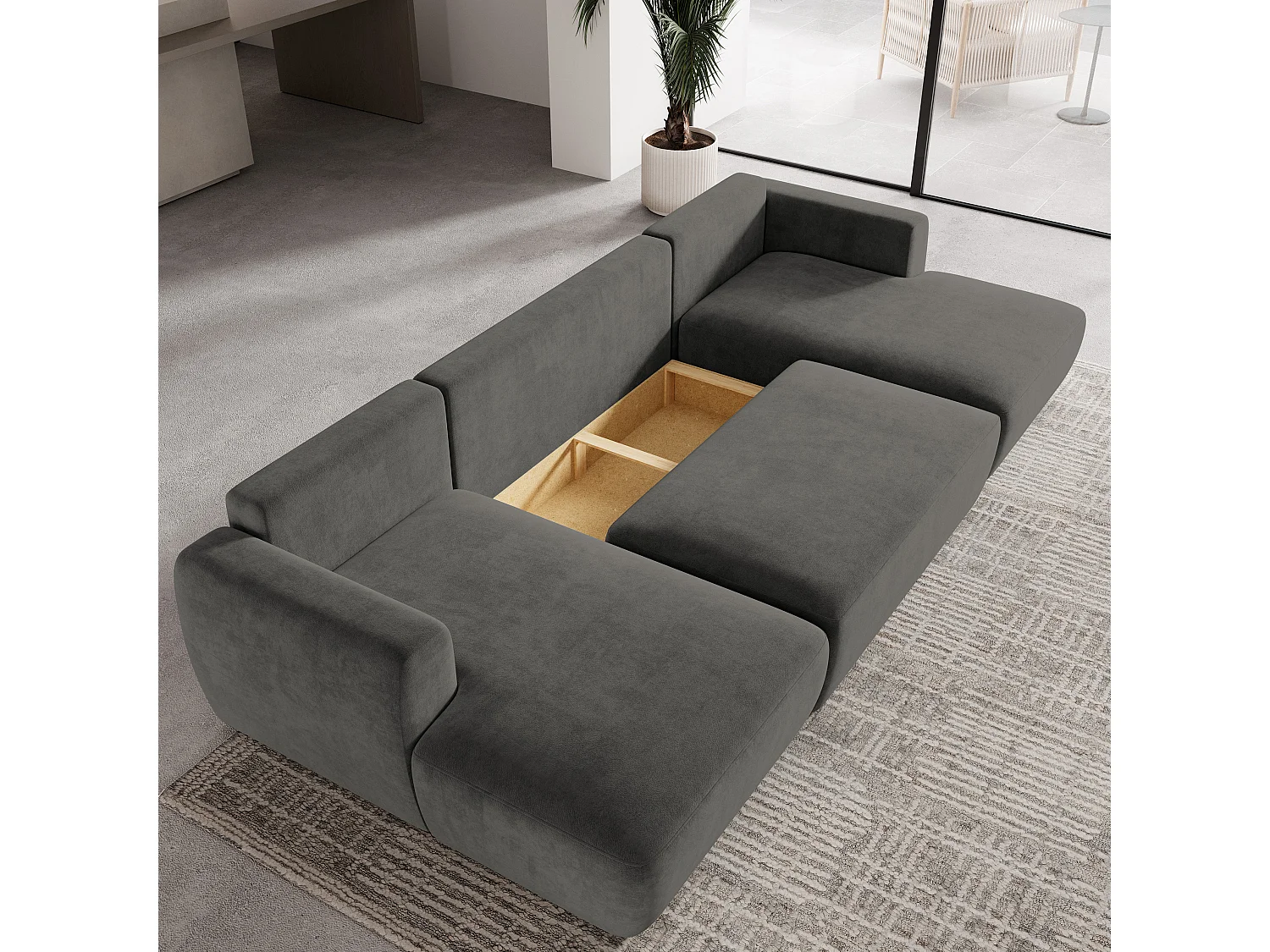 Canapé d'angle SENTUM Gris en peluche avec fonction de couchage