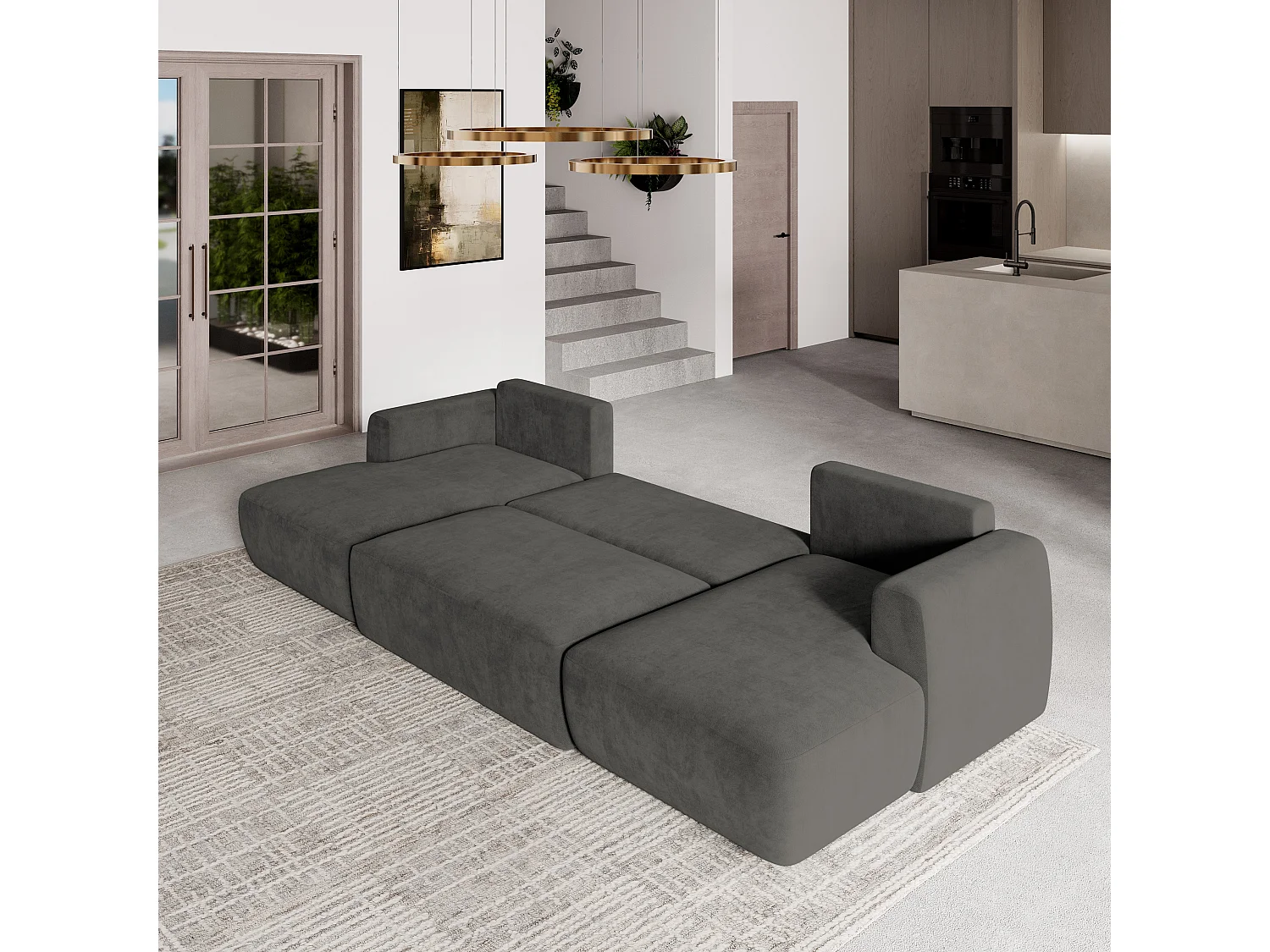 Canapé d'angle SENTUM Gris en peluche avec fonction de couchage