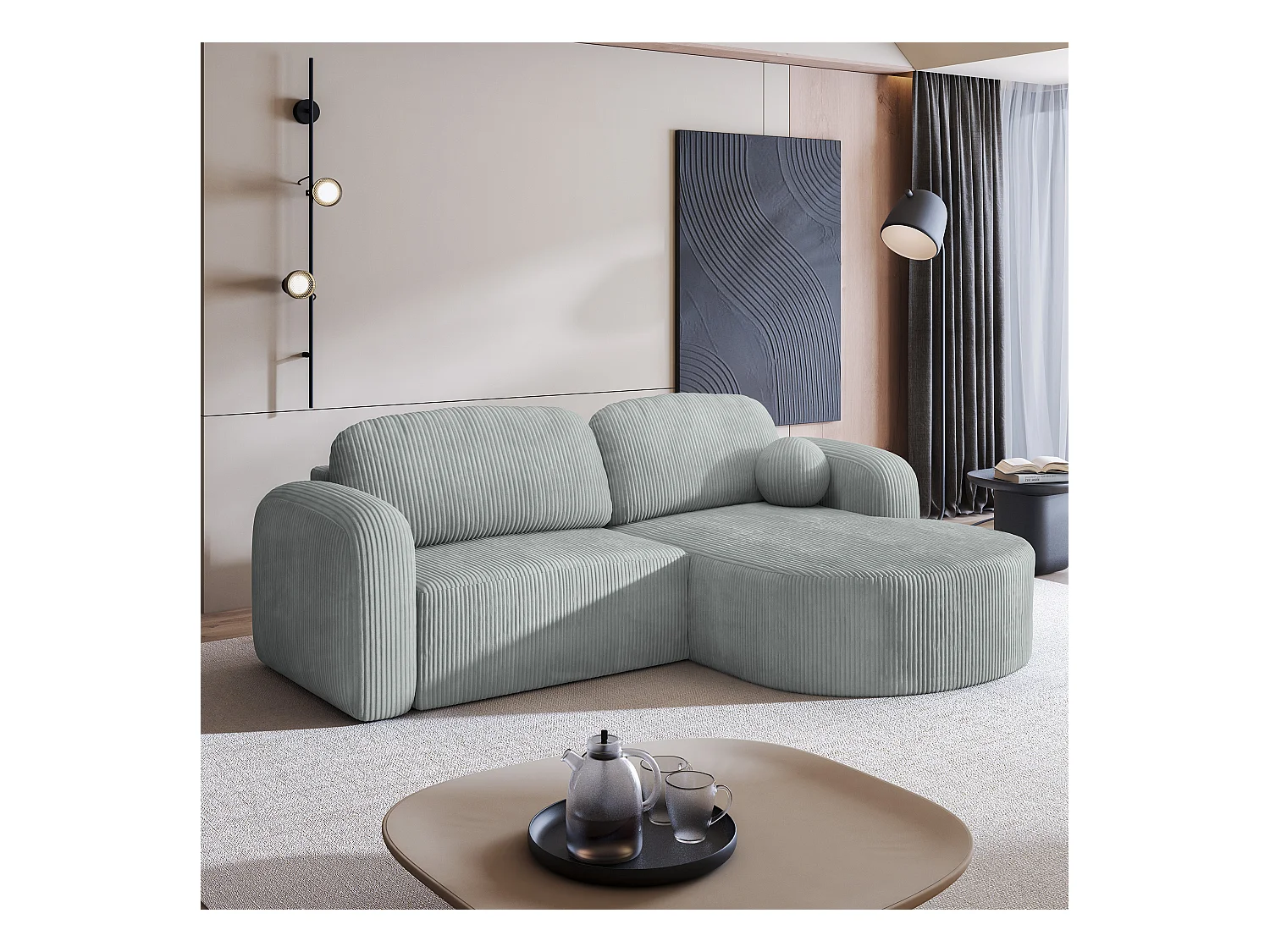 Canapé d'angle AMILIA Gris clair en velours côtelé avec fonction de couchage