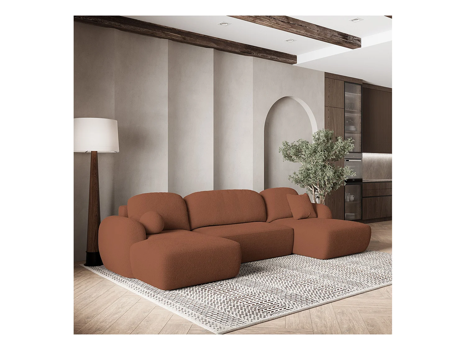 Canapé d'angle SAVONA Terracotta en bouclé avec fonction de couchage