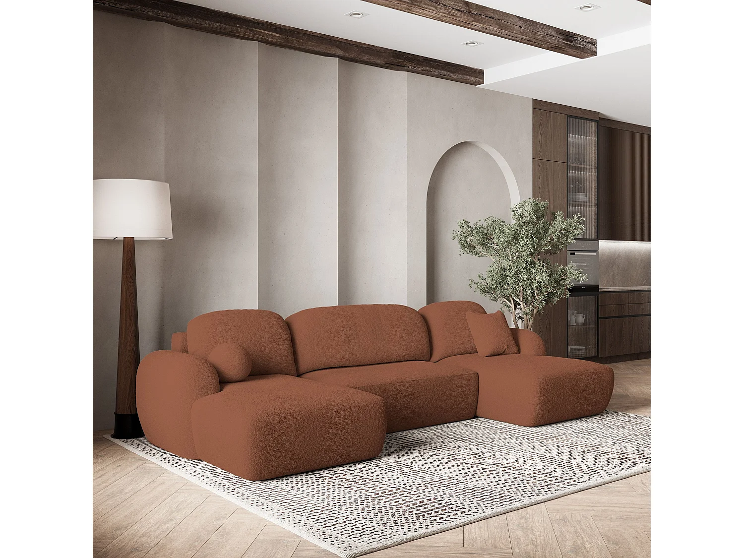 Canapé d'angle SAVONA Terracotta en bouclé avec fonction de couchage